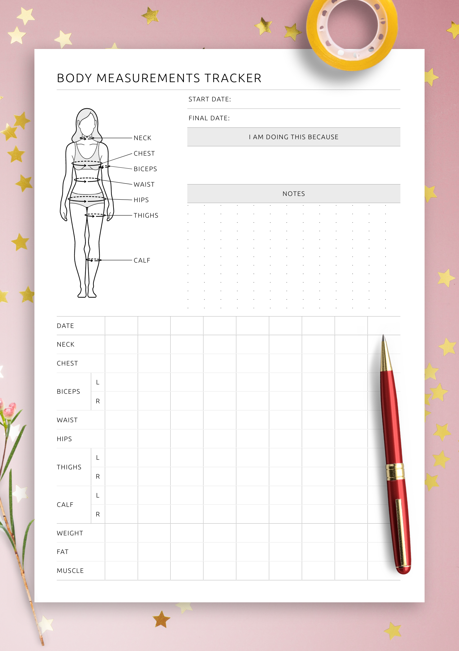 Body Measurement Tracker A6 Planner Inserts Printable Weight