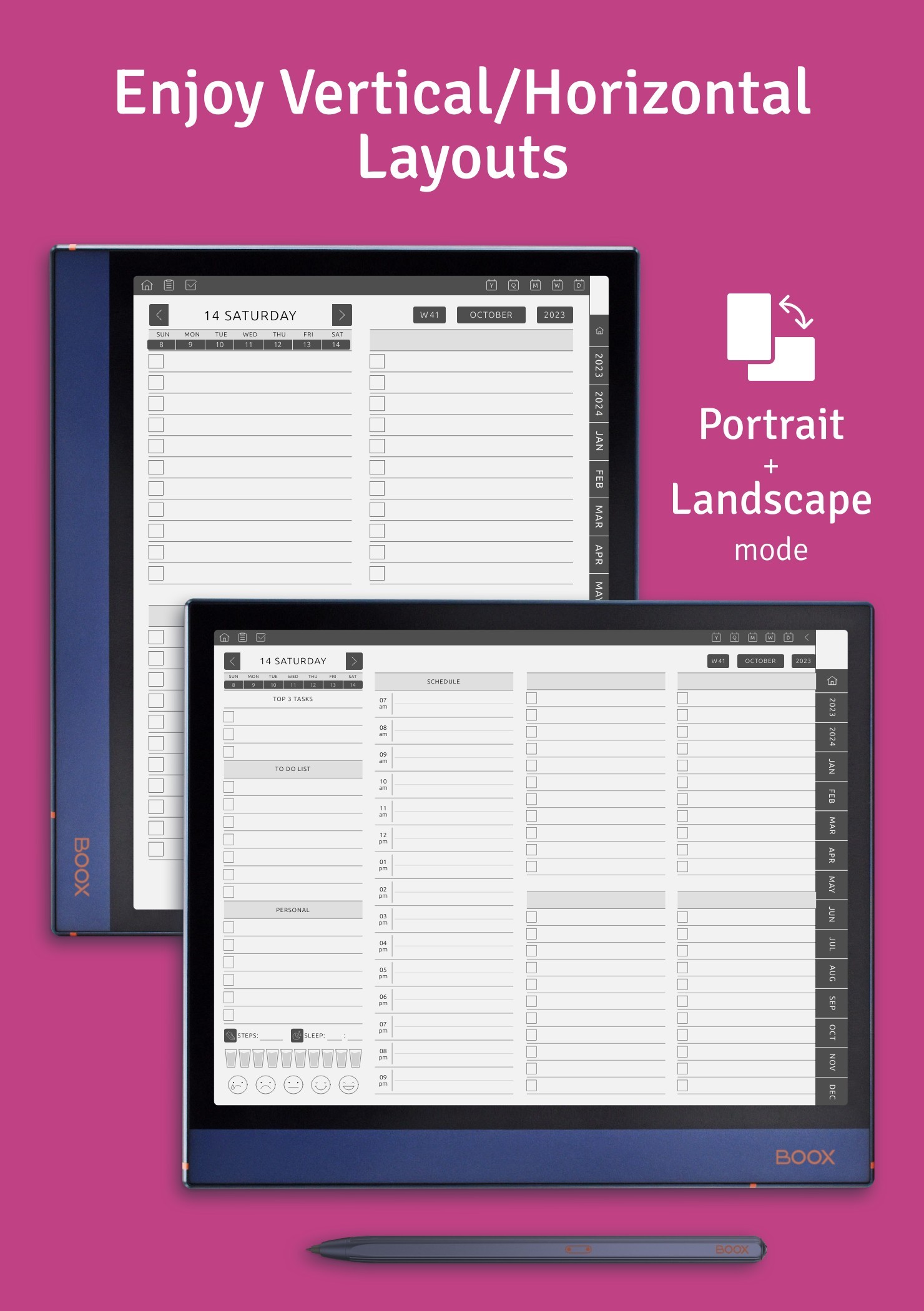 portrait and landscape modes of the planner