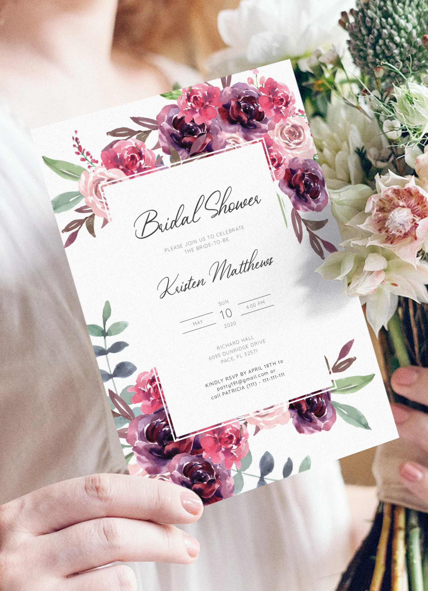 Download Printable Burgundy Floral Bridal Shower Invitation PDF