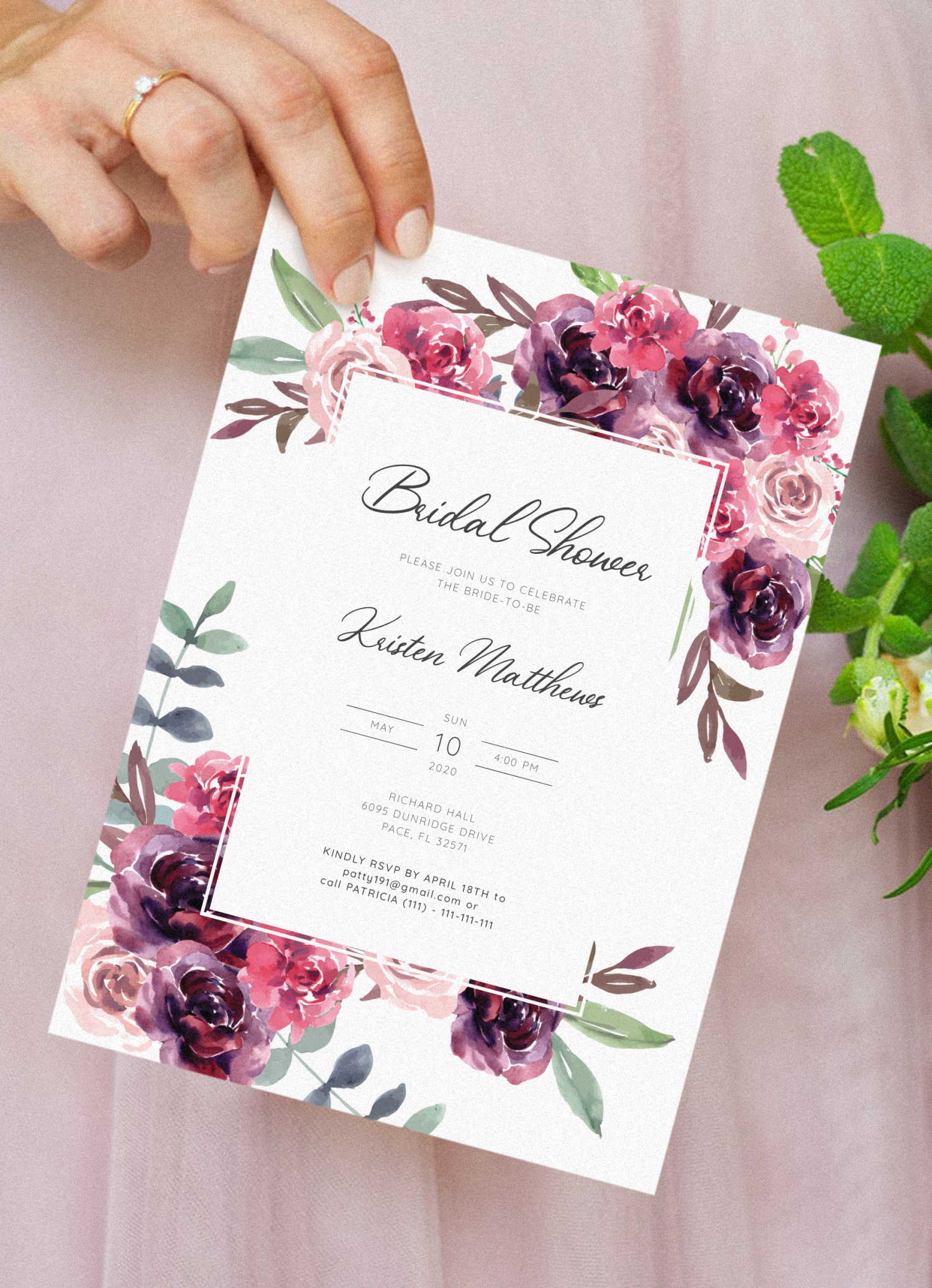 Download Printable Burgundy Floral Bridal Shower Invitation PDF