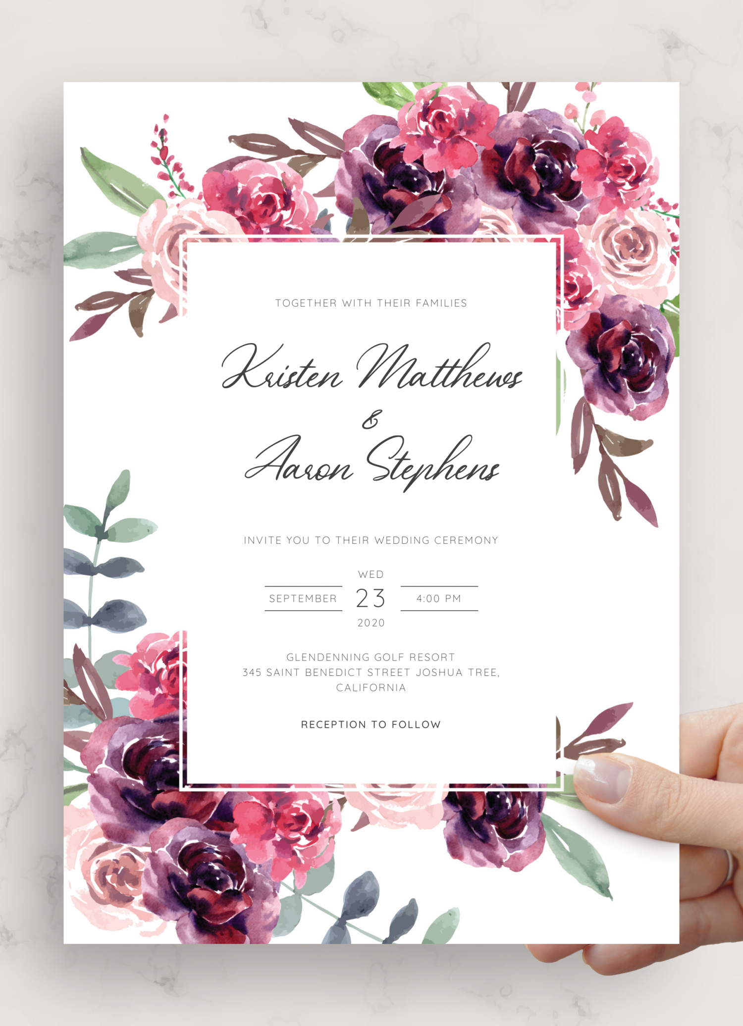 Download Printable Burgundy Floral Wedding Invitation Suite PDF