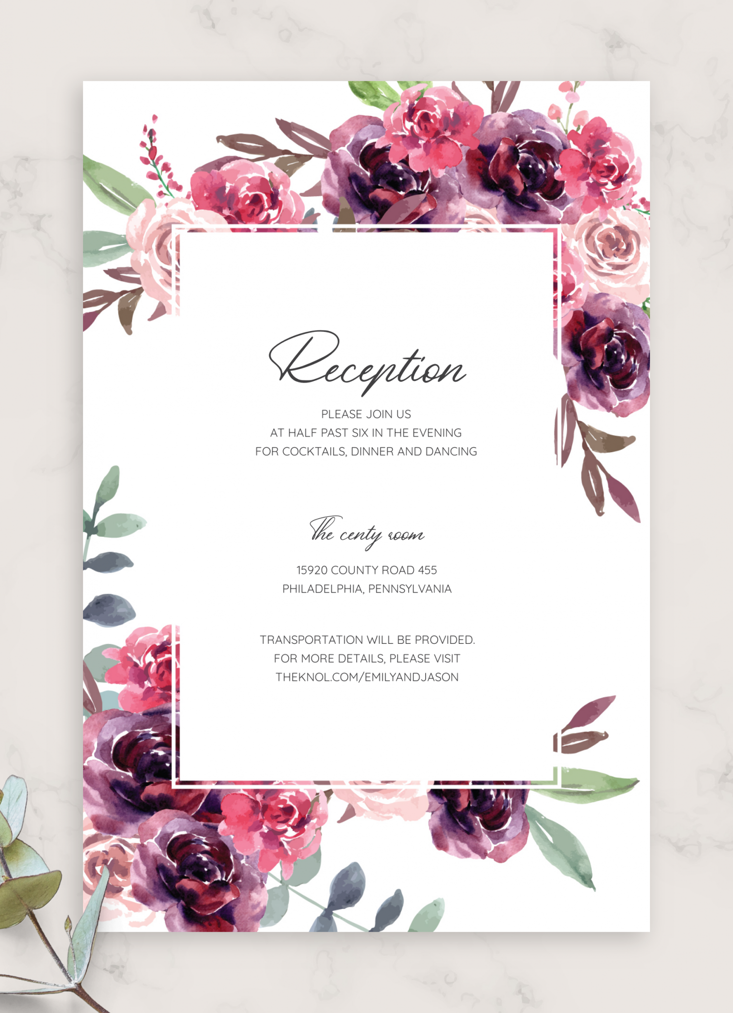 Download Printable Burgundy Floral Wedding Reception Card PDF