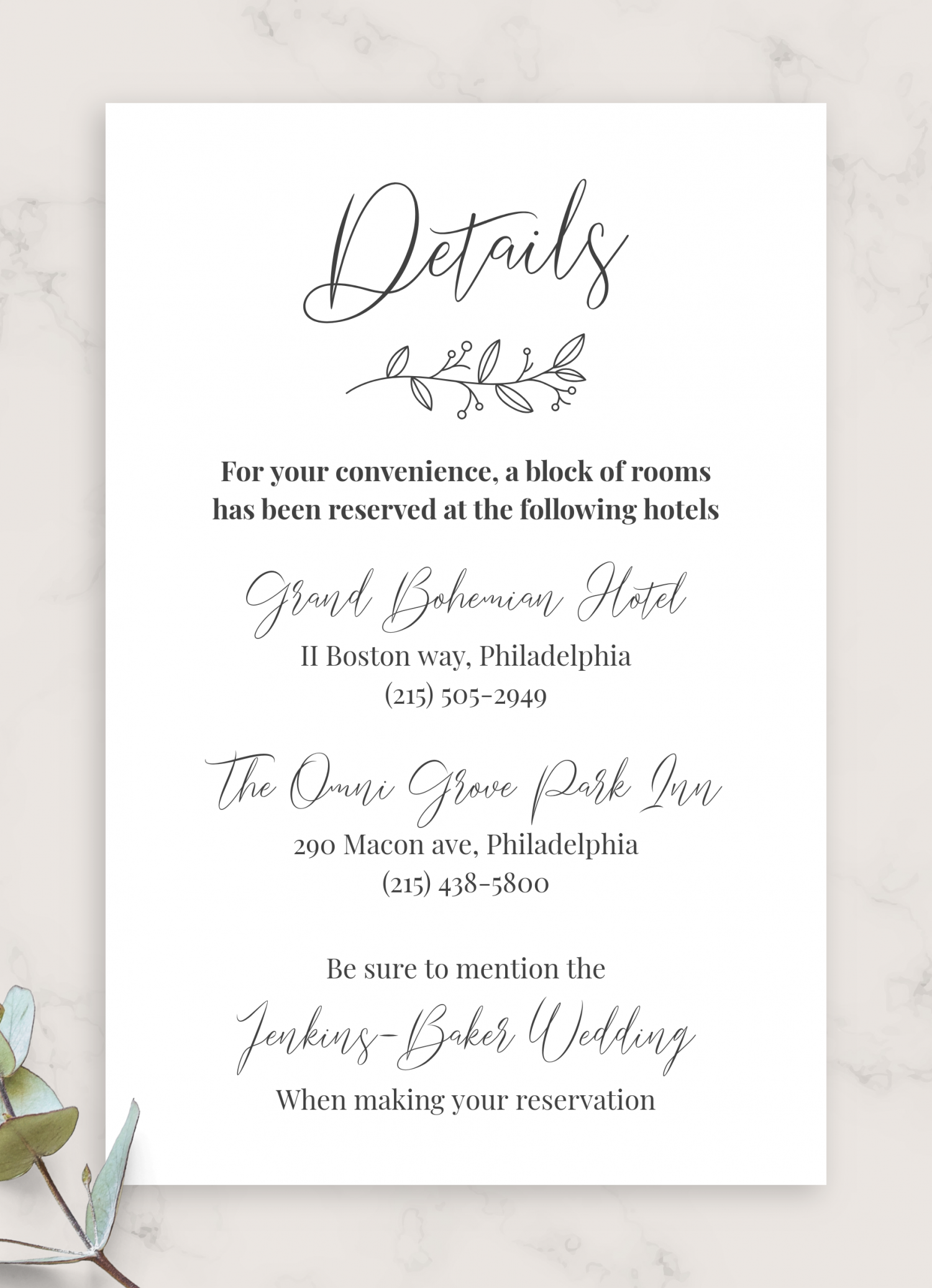 Download Printable Classic Elegant Wedding Details Card PDF For Wedding Hotel Information Card Template
