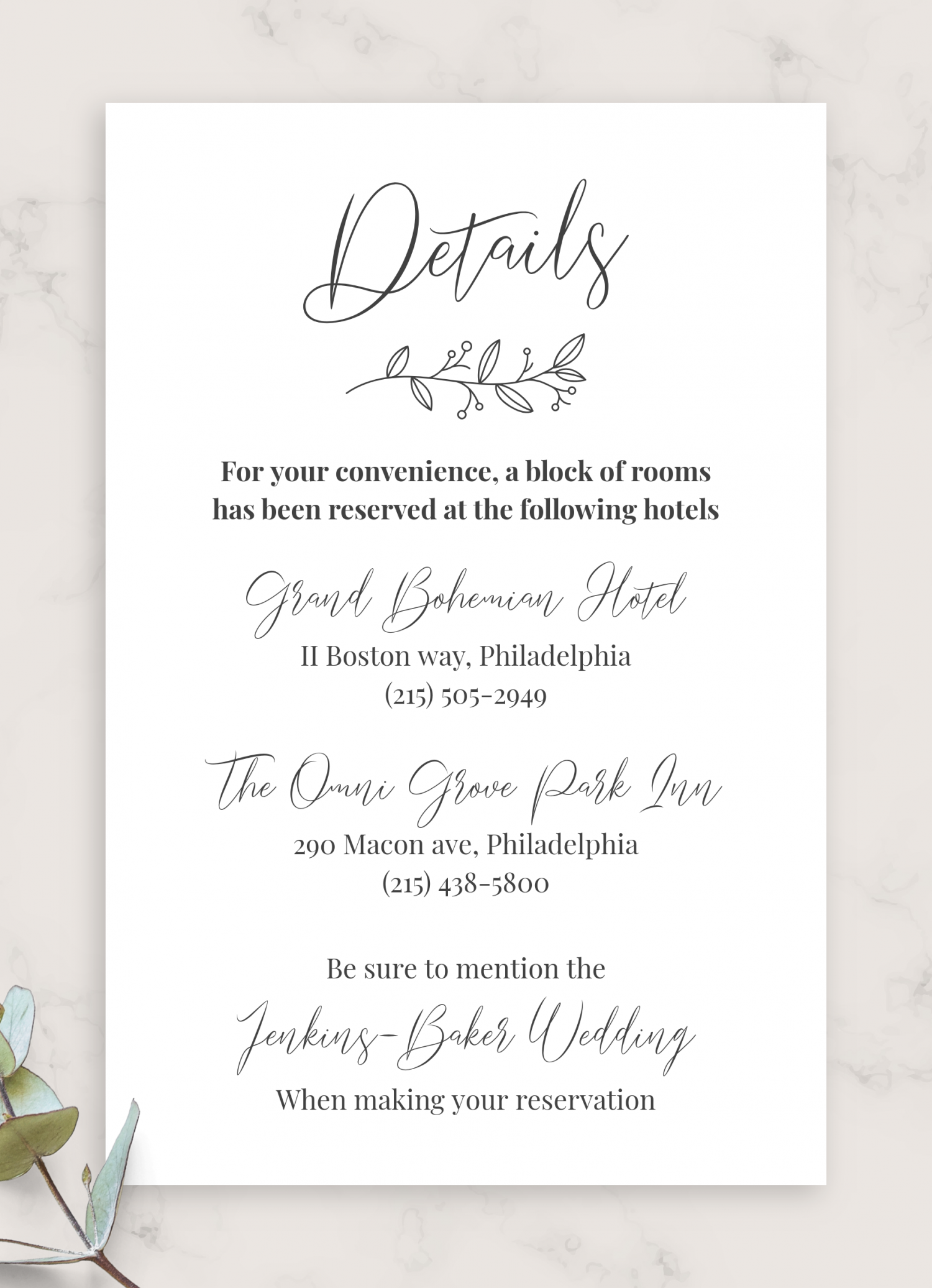 Details Card Wedding Template, Wedding Details Template, Details Card