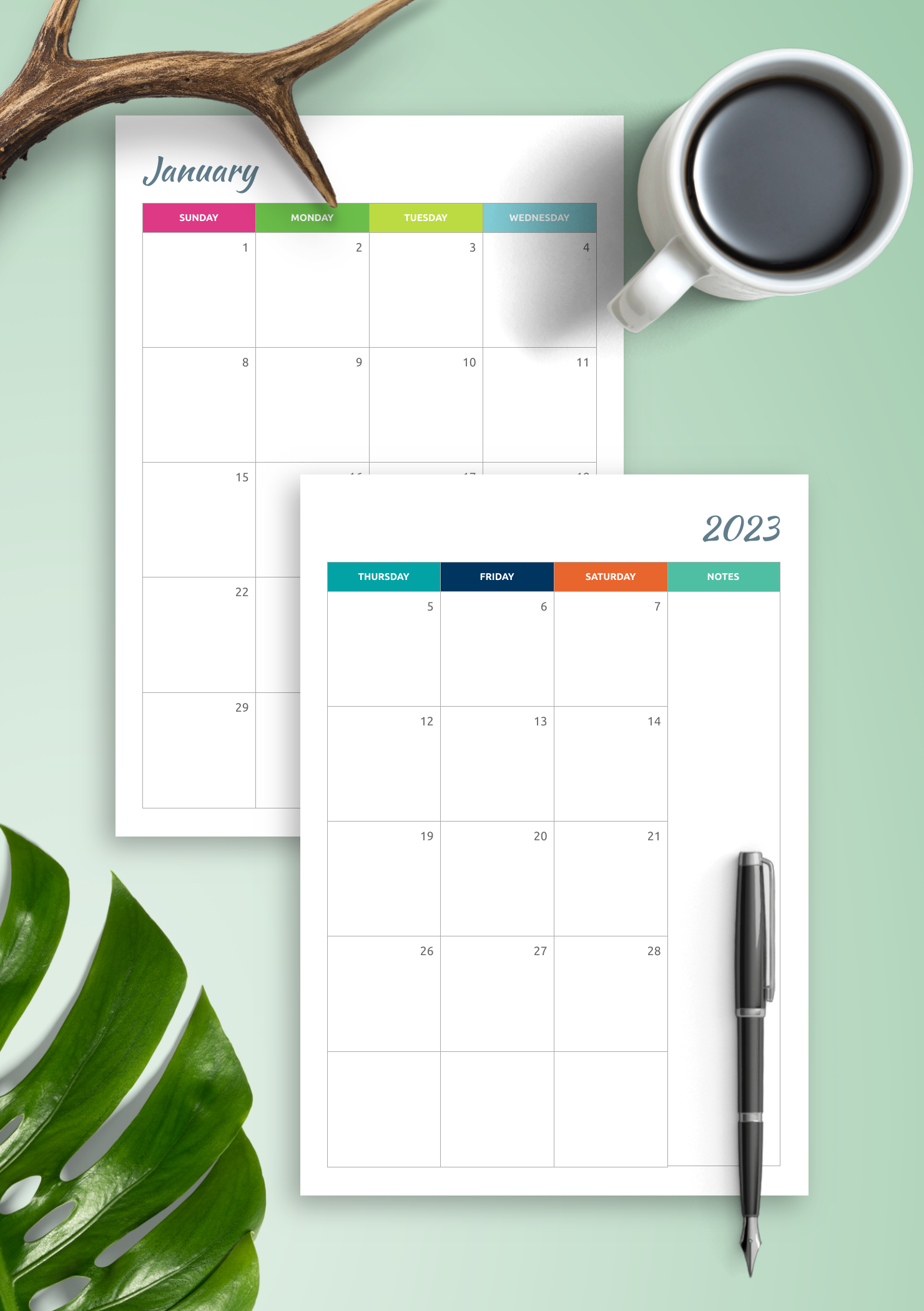 Download Printable Colored Horizontal Monthly Calendar PDF