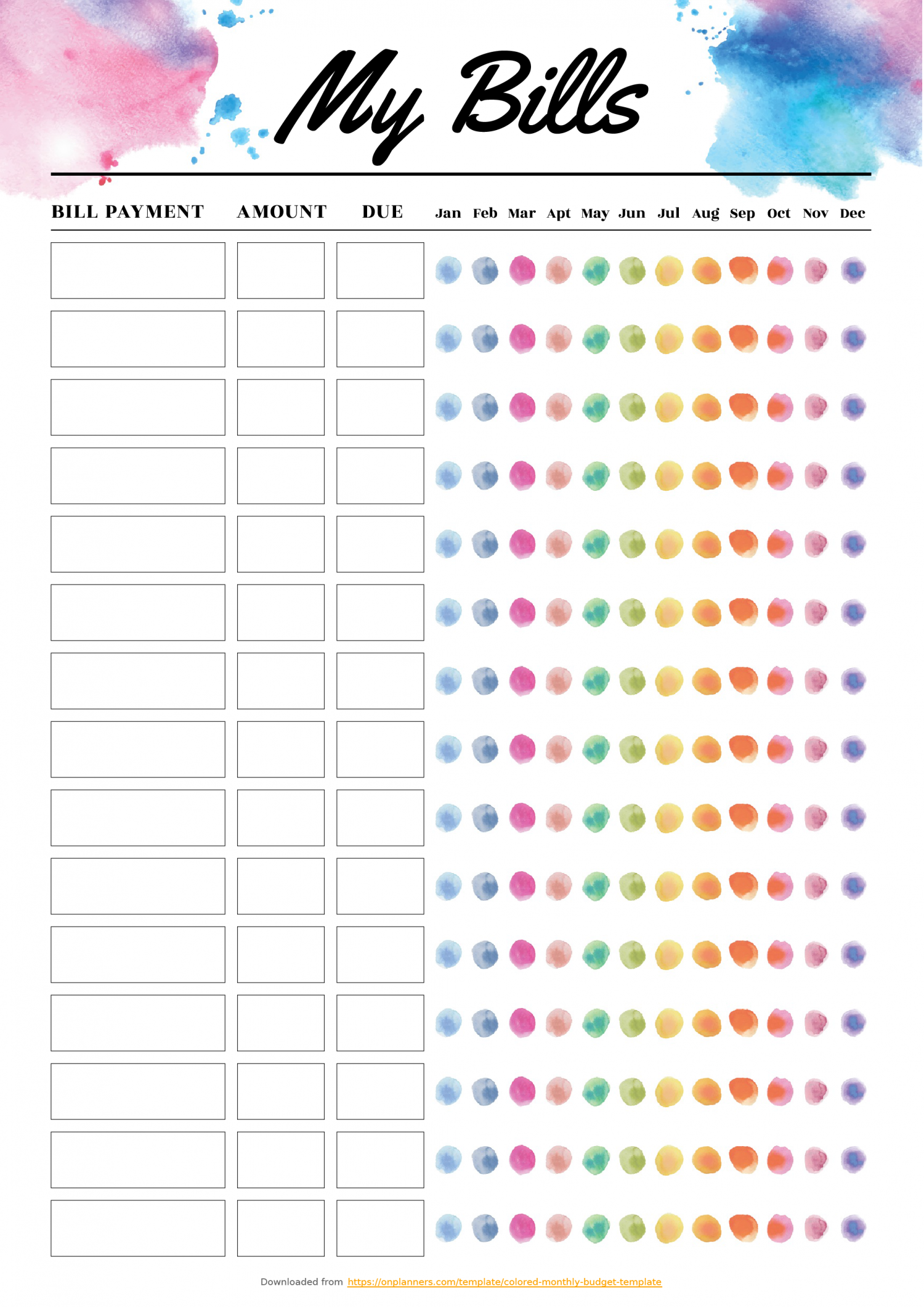 Free Printable Colored monthly budget template PDF Download