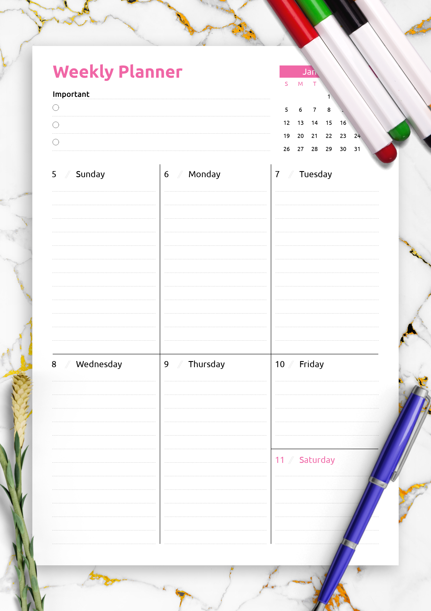 download printable colored one page weekly planner pdf