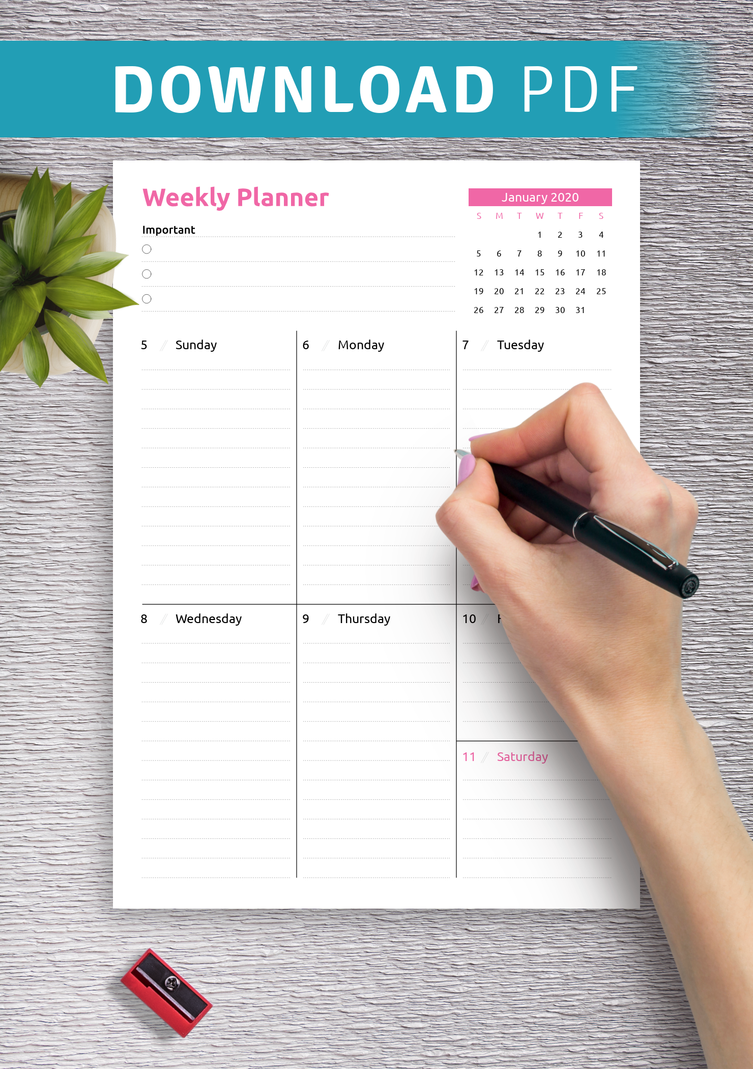 Download Printable Colored one-page weekly planner PDF