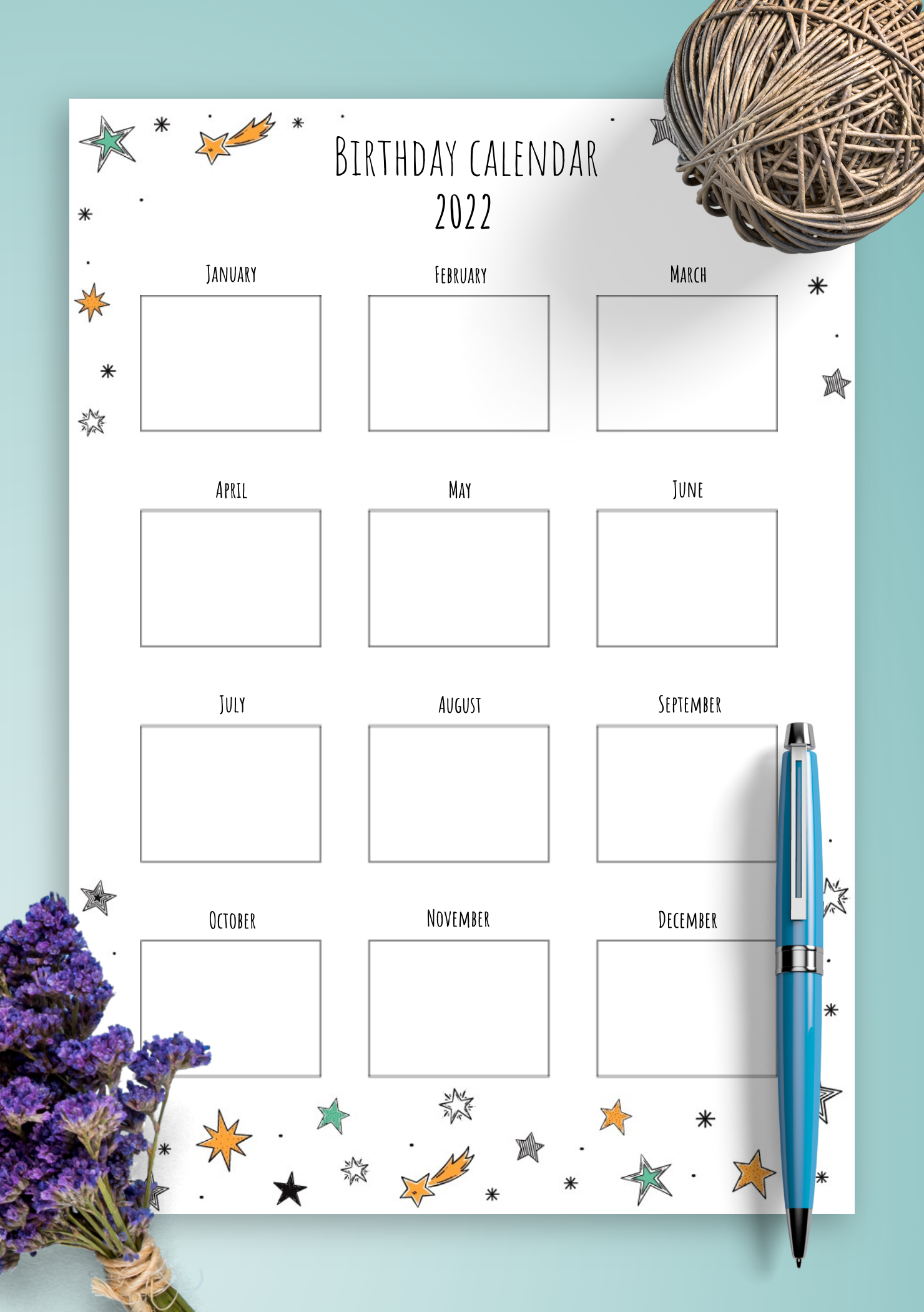 Download Printable Colored Stars Birthday Calendar PDF