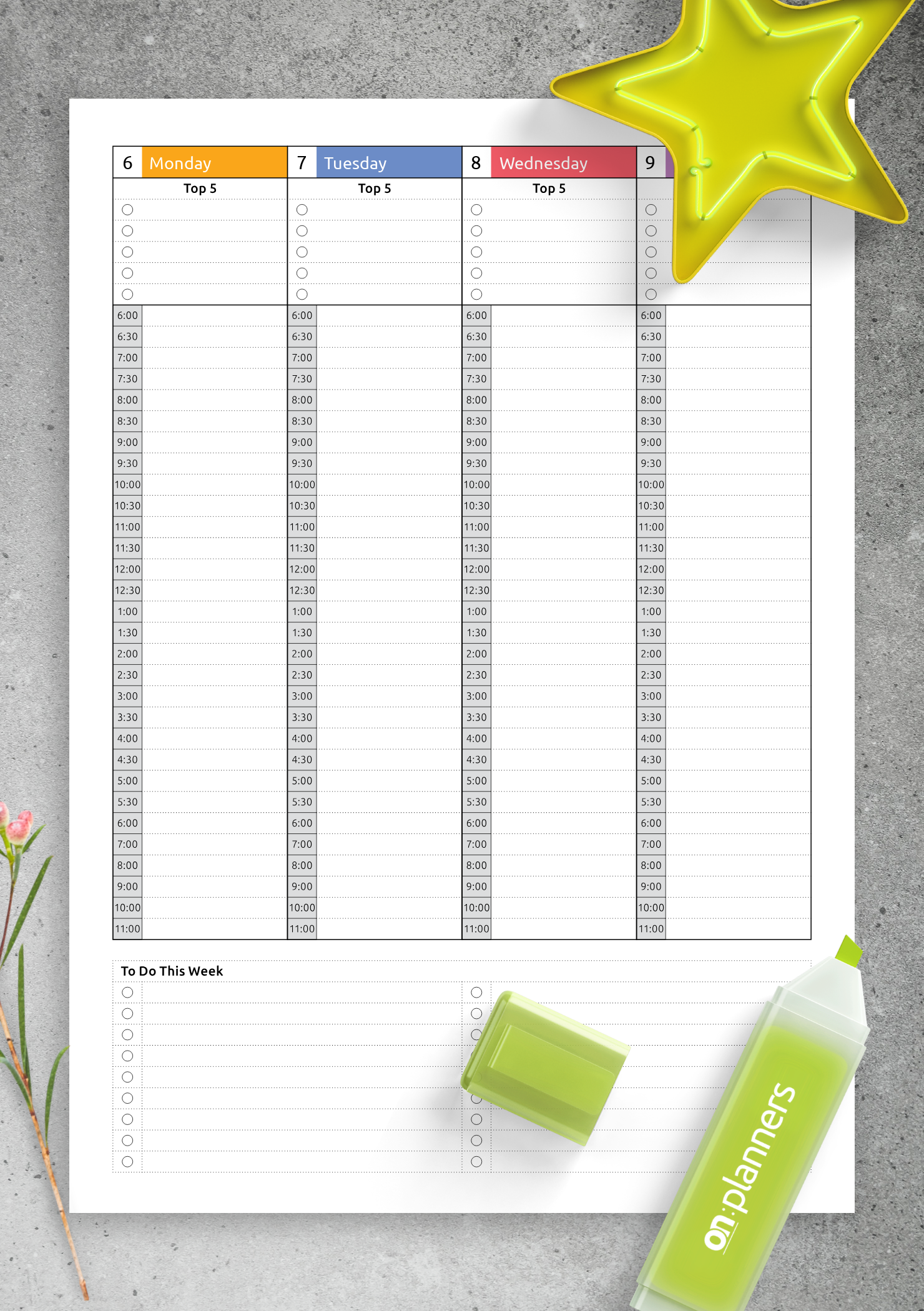 Download Printable Colored Weekly hourly planner dated PDF