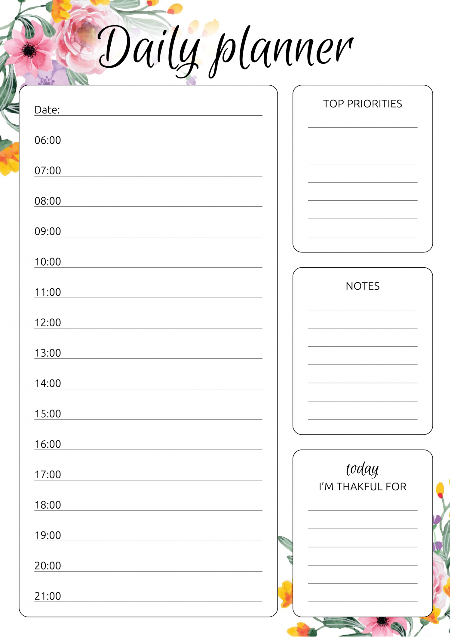 Free Printable Daily hourly planner with flowers PDF Download