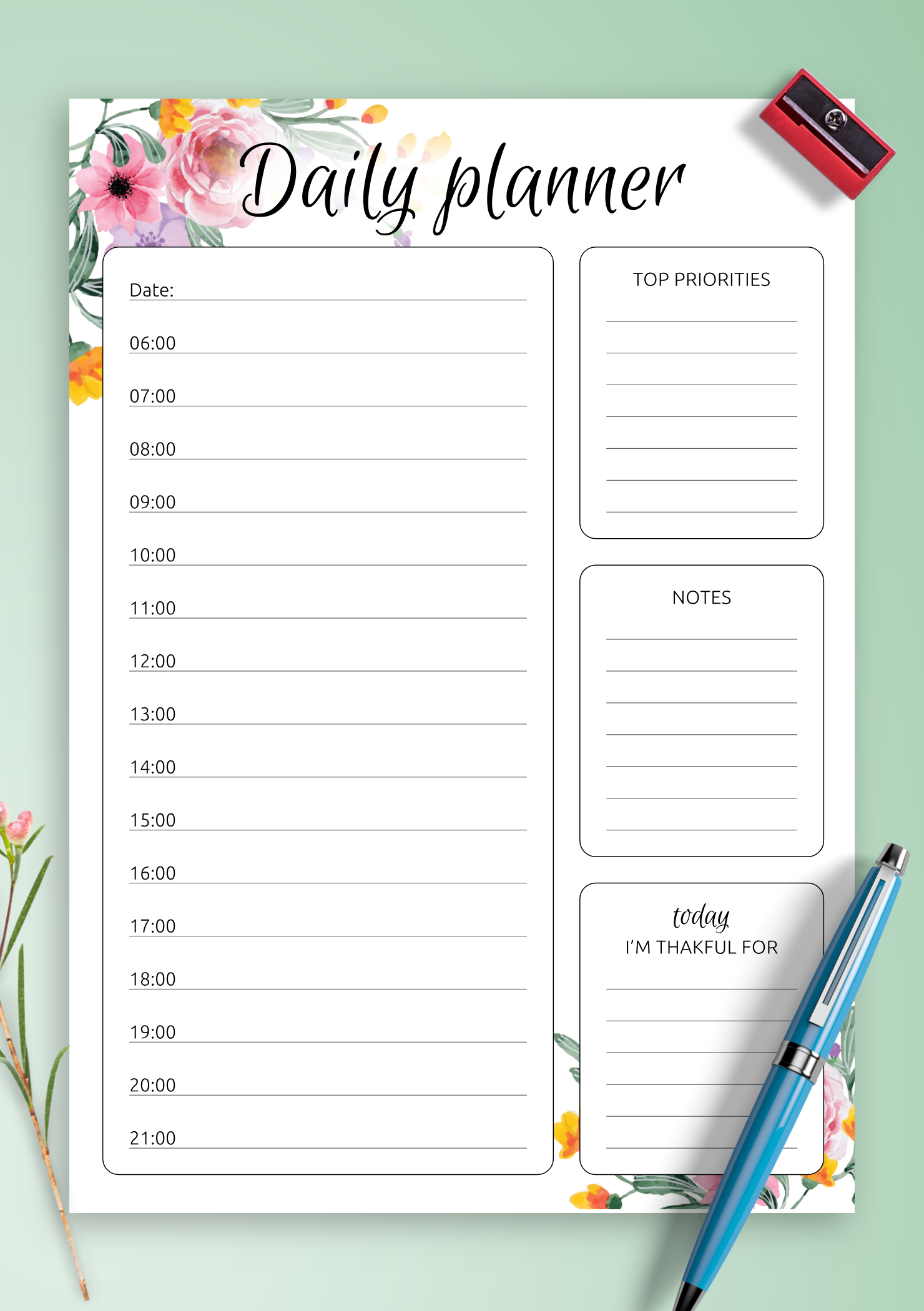 Download Printable Daily hourly planner with flowers PDF