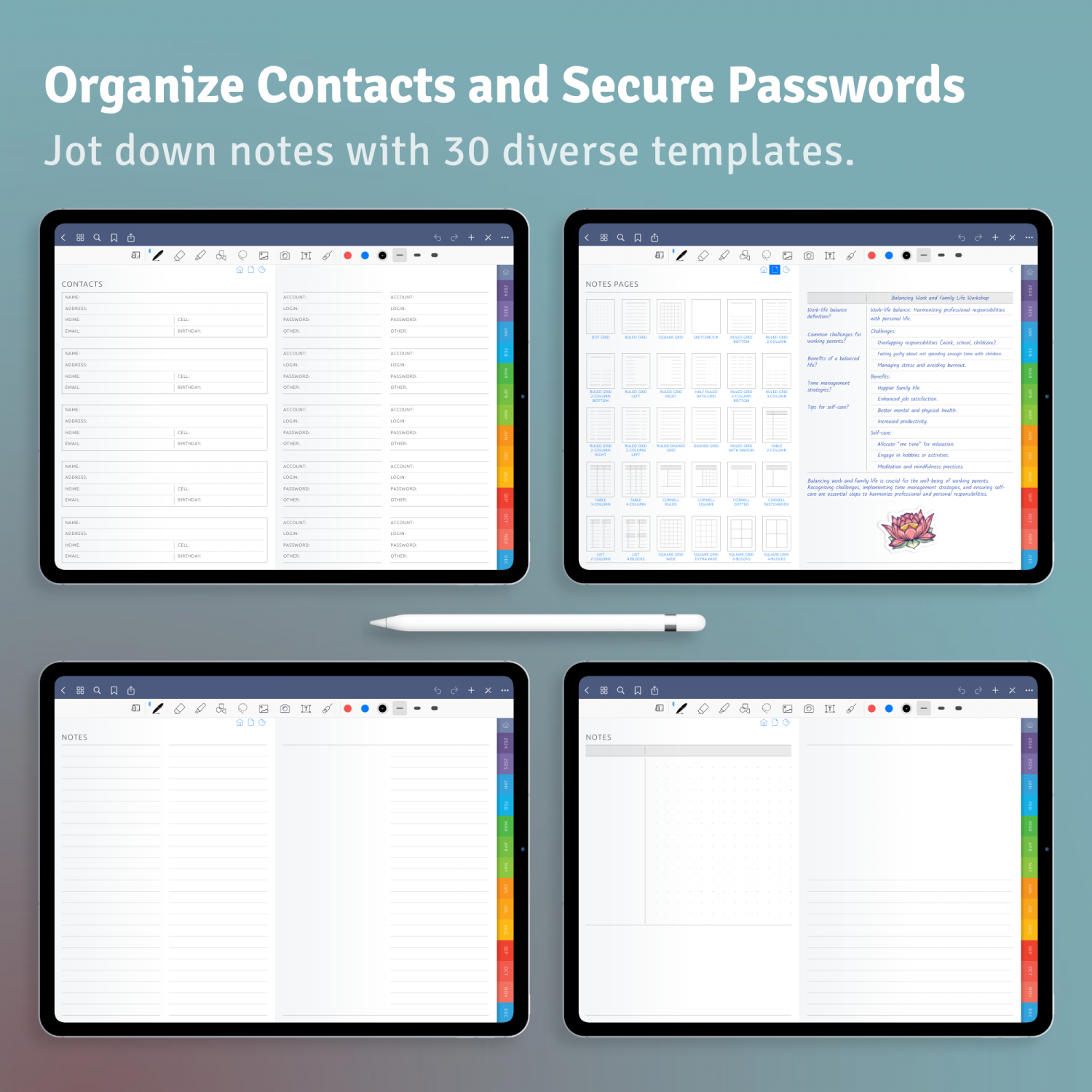 contact, password, and note templates