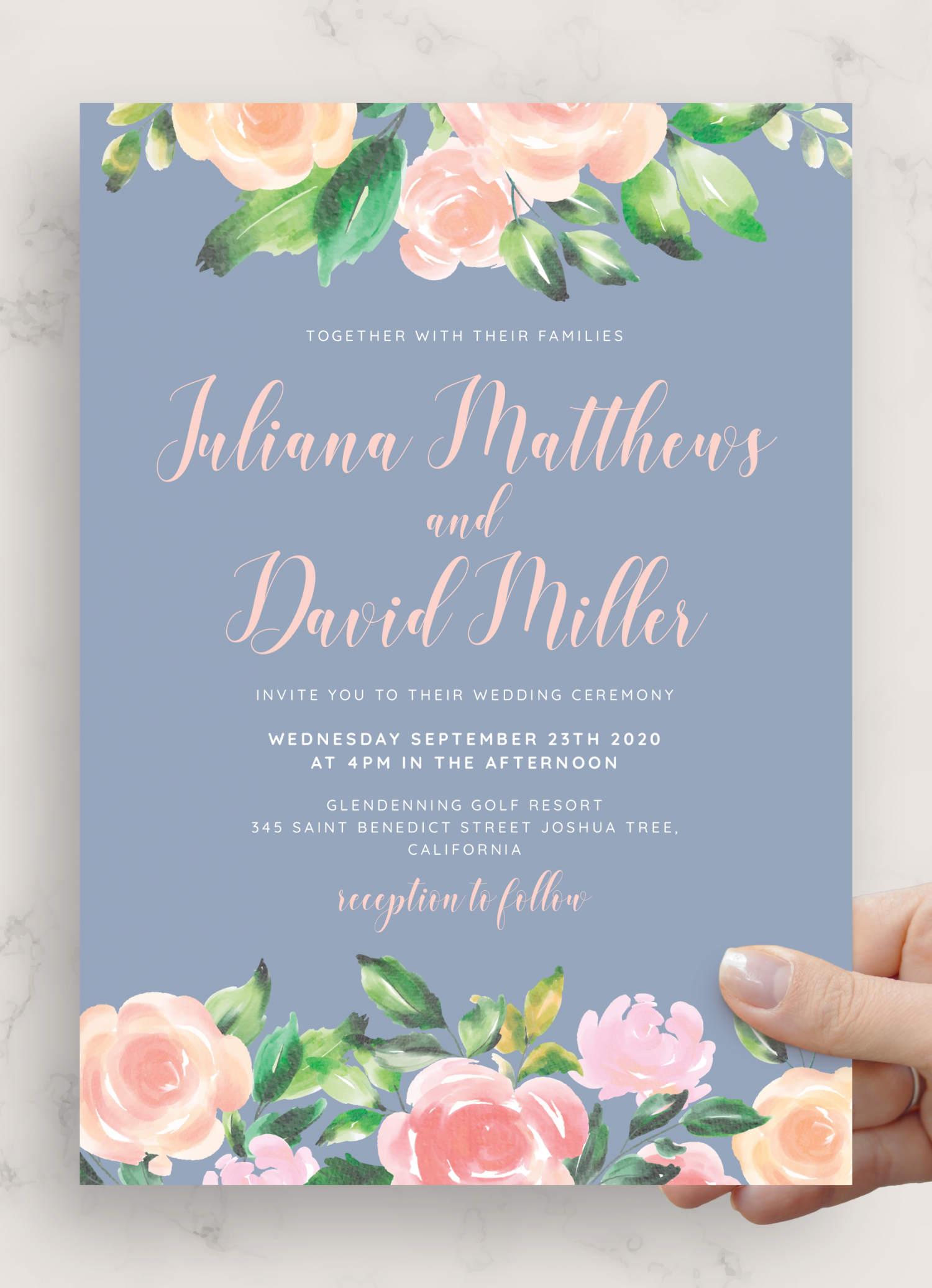 Printable Floral Wedding Invitation Suite for Spring Summer Dusty Blue Wedding Invites