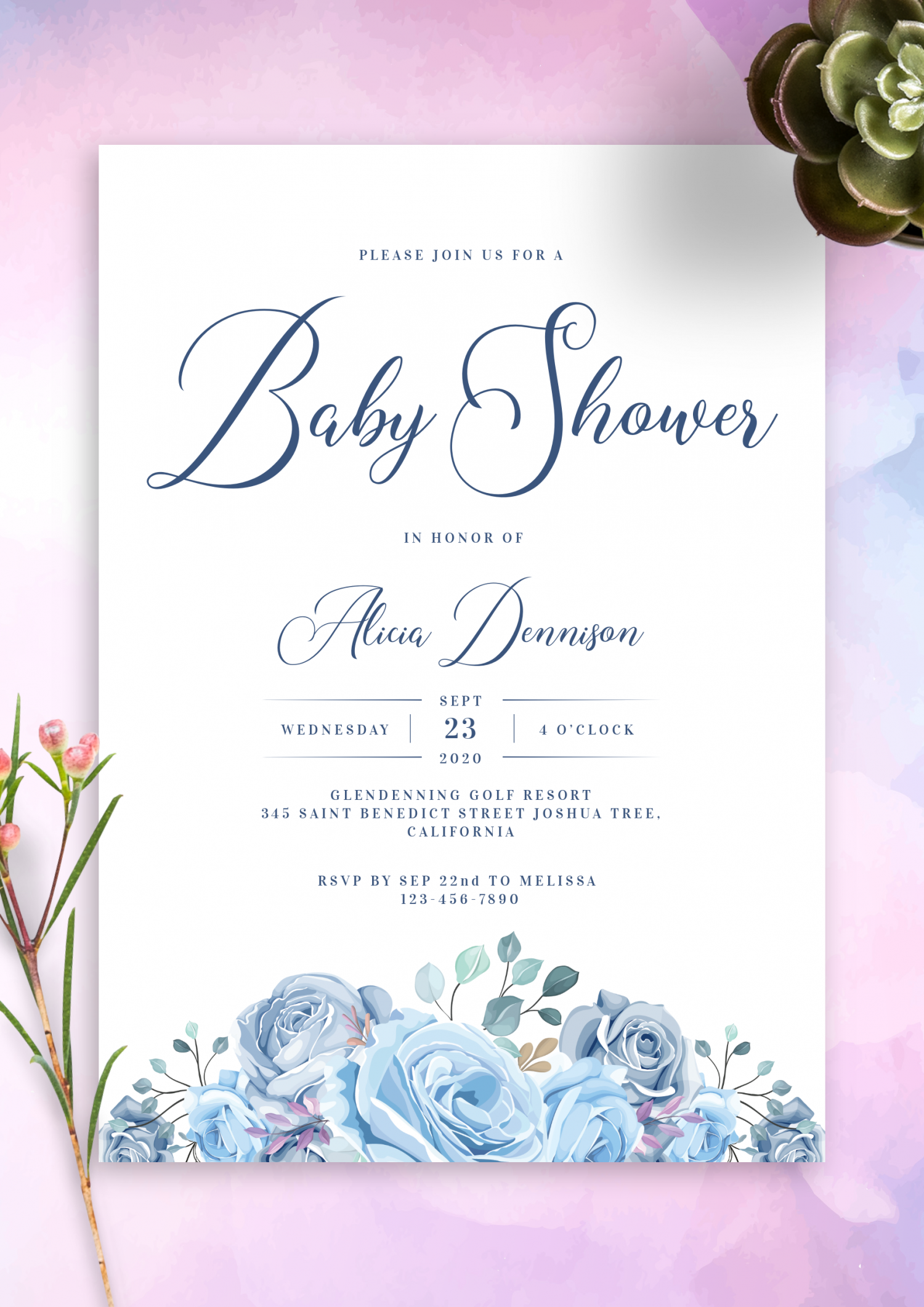 Download Printable Floral Blue Baby Shower Invitation PDF