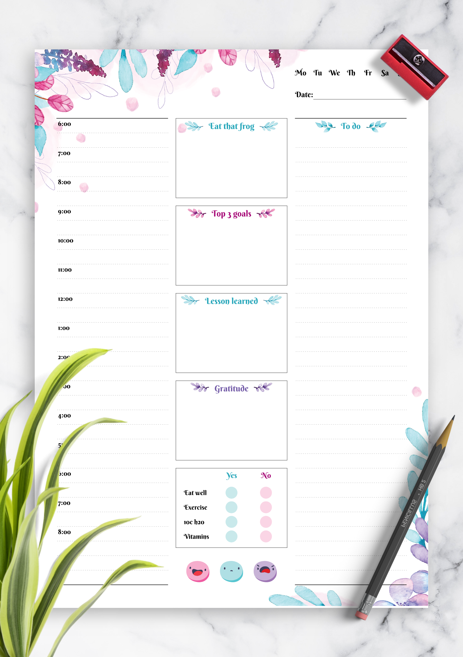 Download Printable Flowered Daily Hourly Planner PDF