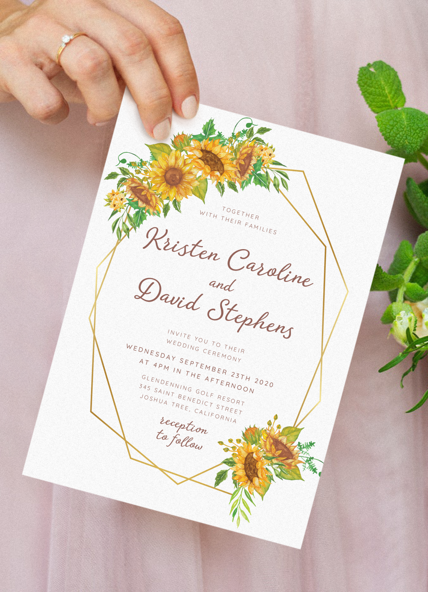 Download Printable Geometric Sunflower Wedding  Invitation  PDF