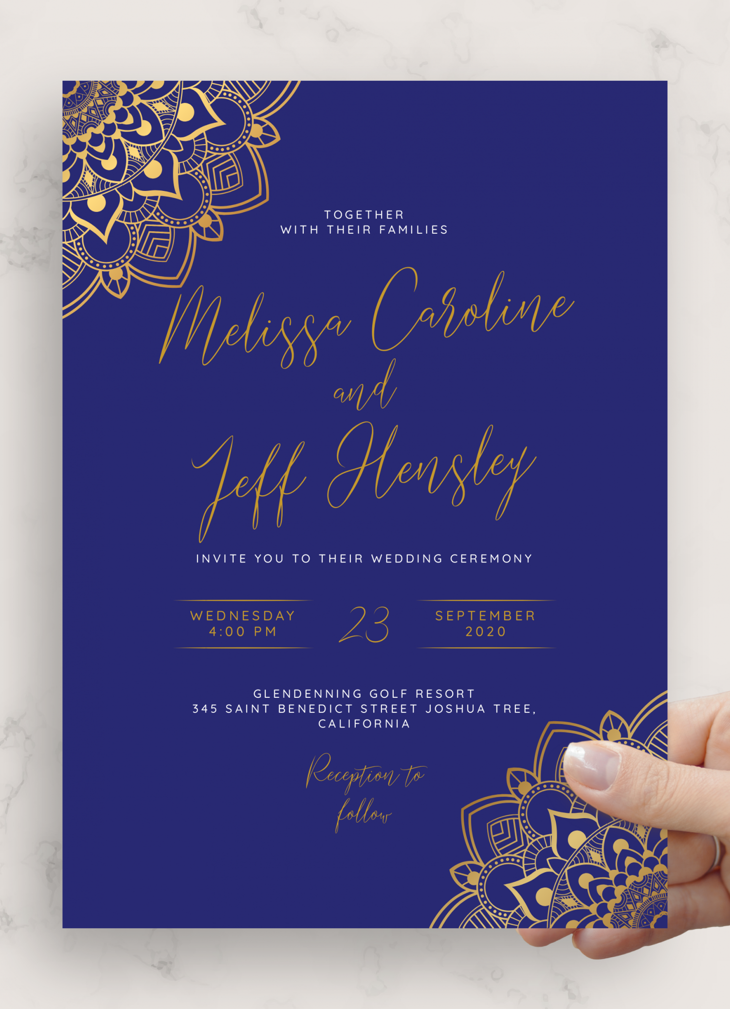 Download Printable Gold and Blue Wedding Invitation PDF