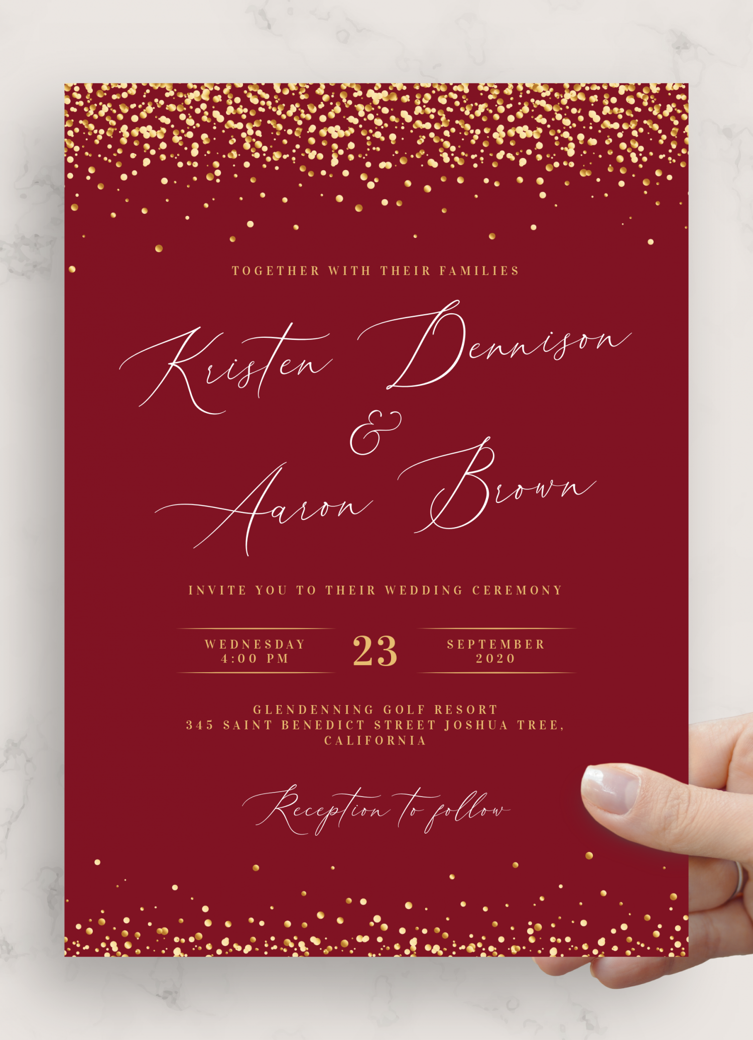 download printable gold and burgundy wedding invitation pdf