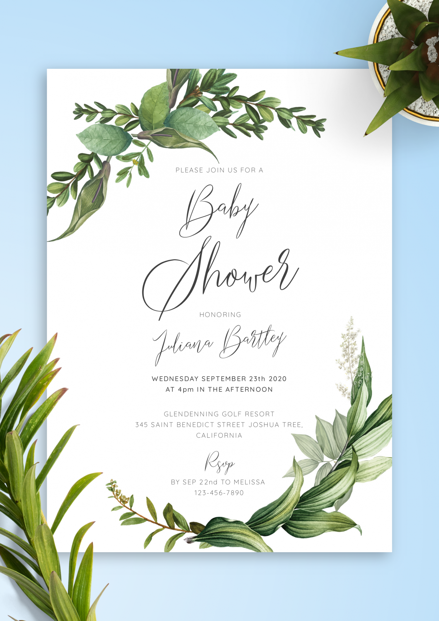 Download Printable Green Floral Baby Shower Invitation PDF