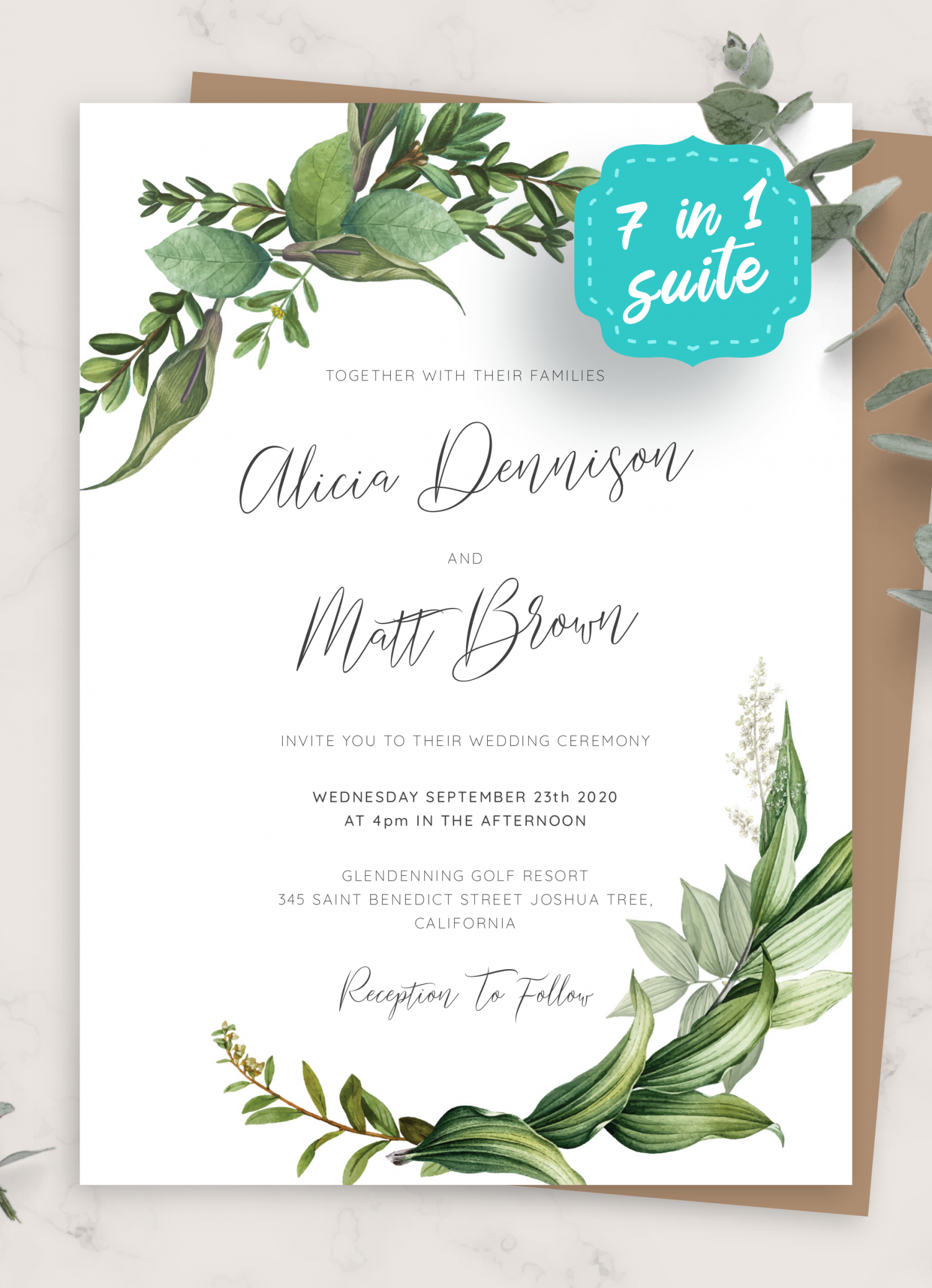 Green Wedding Invitation Set Couple Portrait Illustration Wedding Invitation Suite Printable 