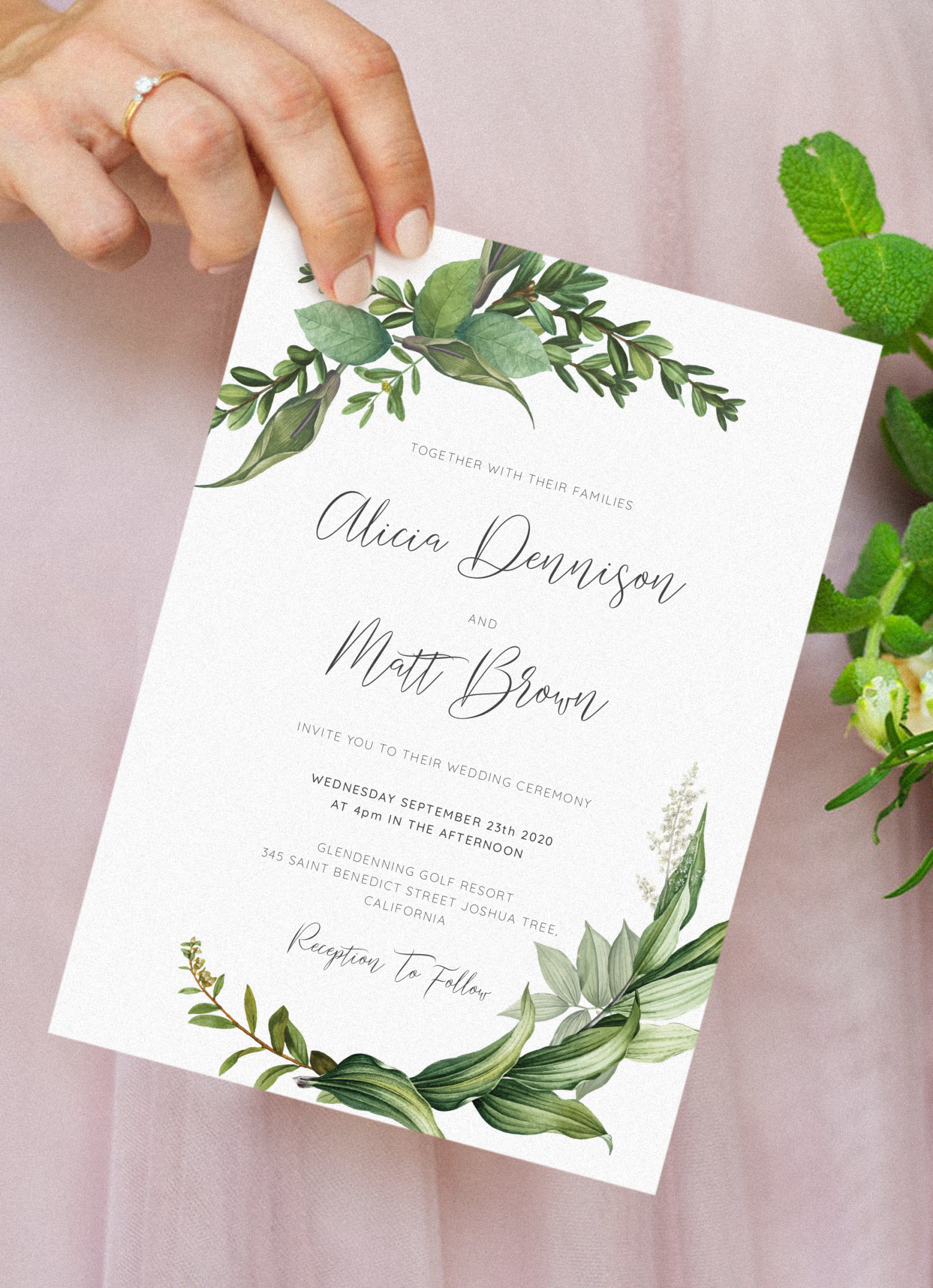 Download Printable Green Floral Wedding Invitation Suite PDF