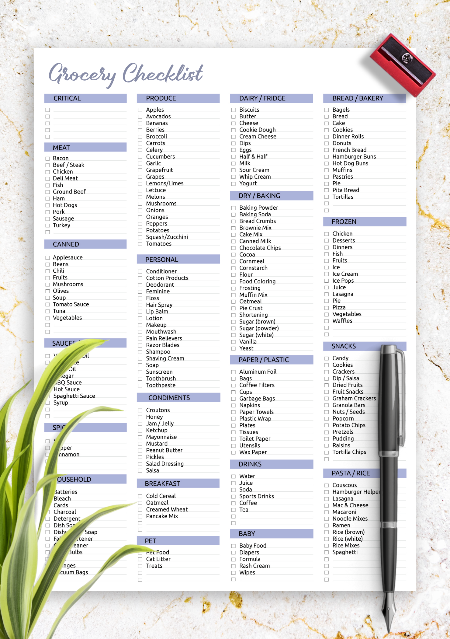 Download Printable Grocery Checklist Template PDF