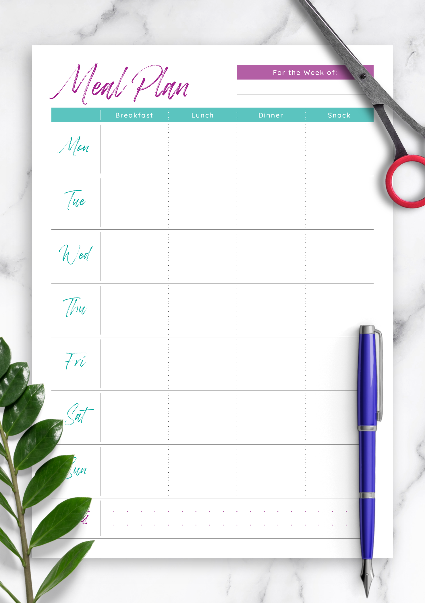 printable weekly meal planner template with snacks