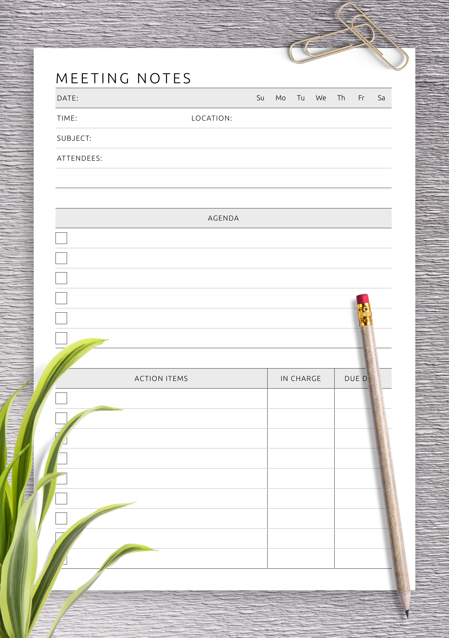 kiezen Zinloos Geboorte geven Download Printable Meeting Notes Template with Agenda and Action Items PDF