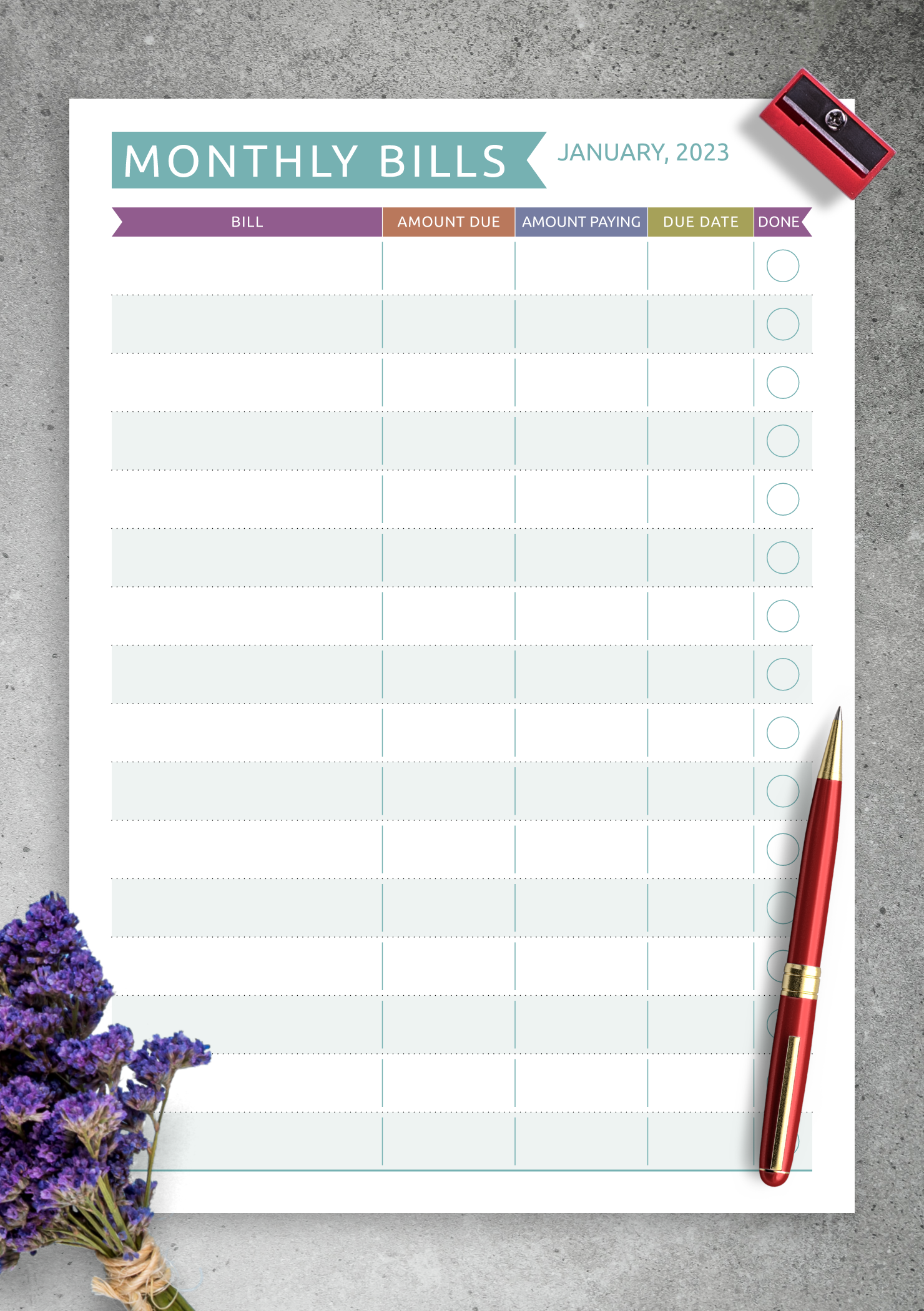 Printable Monthly Bills - Casual Style
