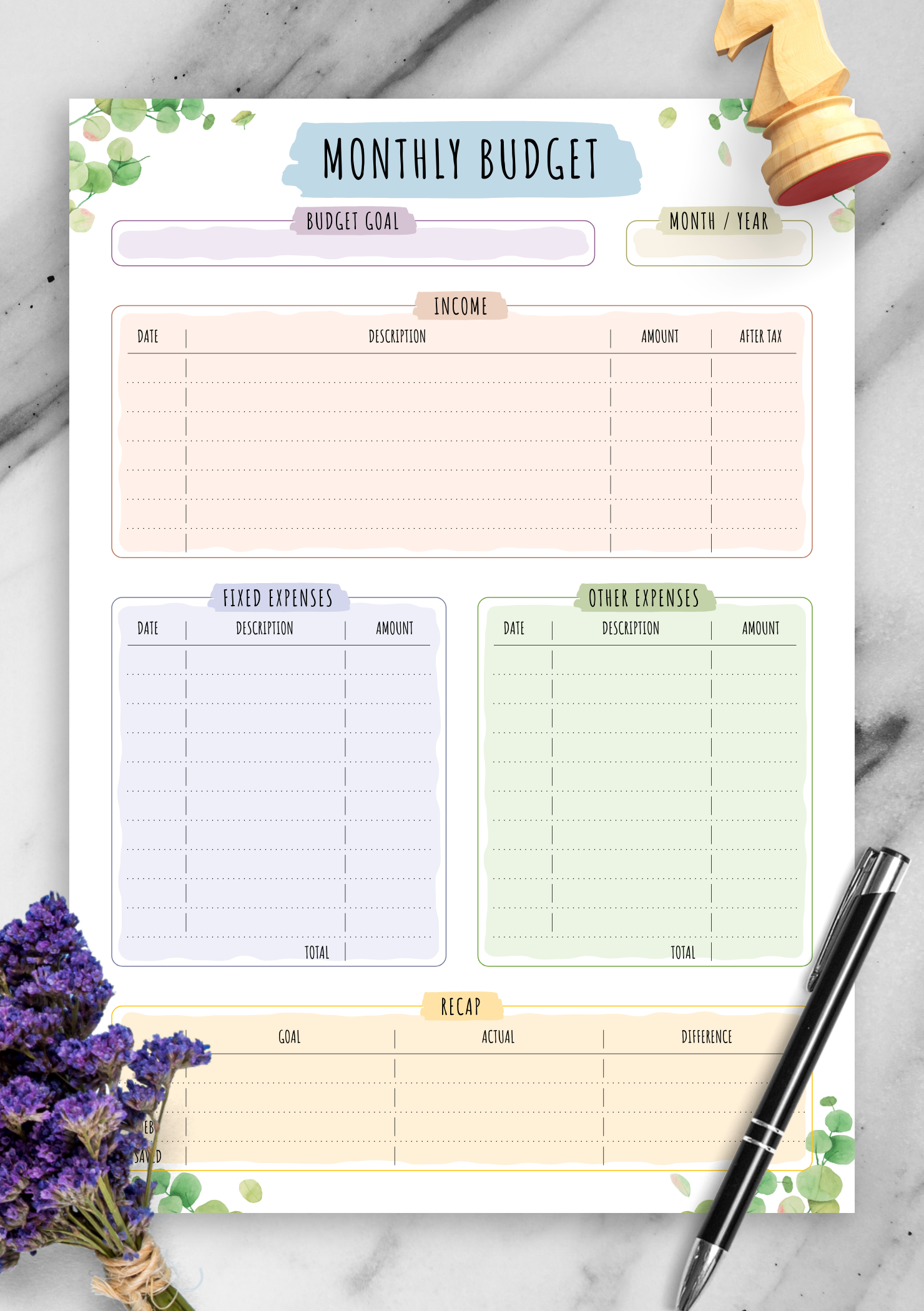 Kit May Floral Mini Budget Sheets Calendar Header Monthly Overview Weekly Check in Sheet
