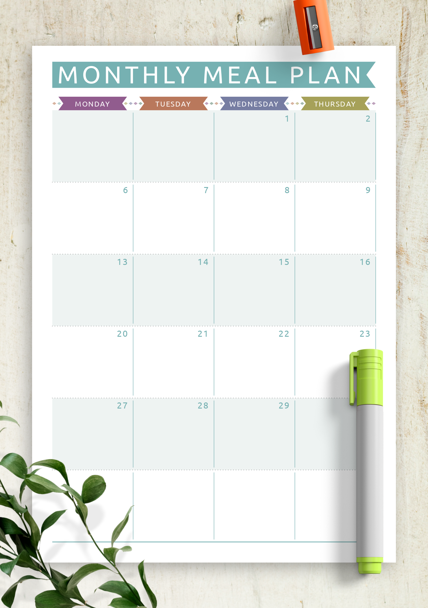 monthly food planner template