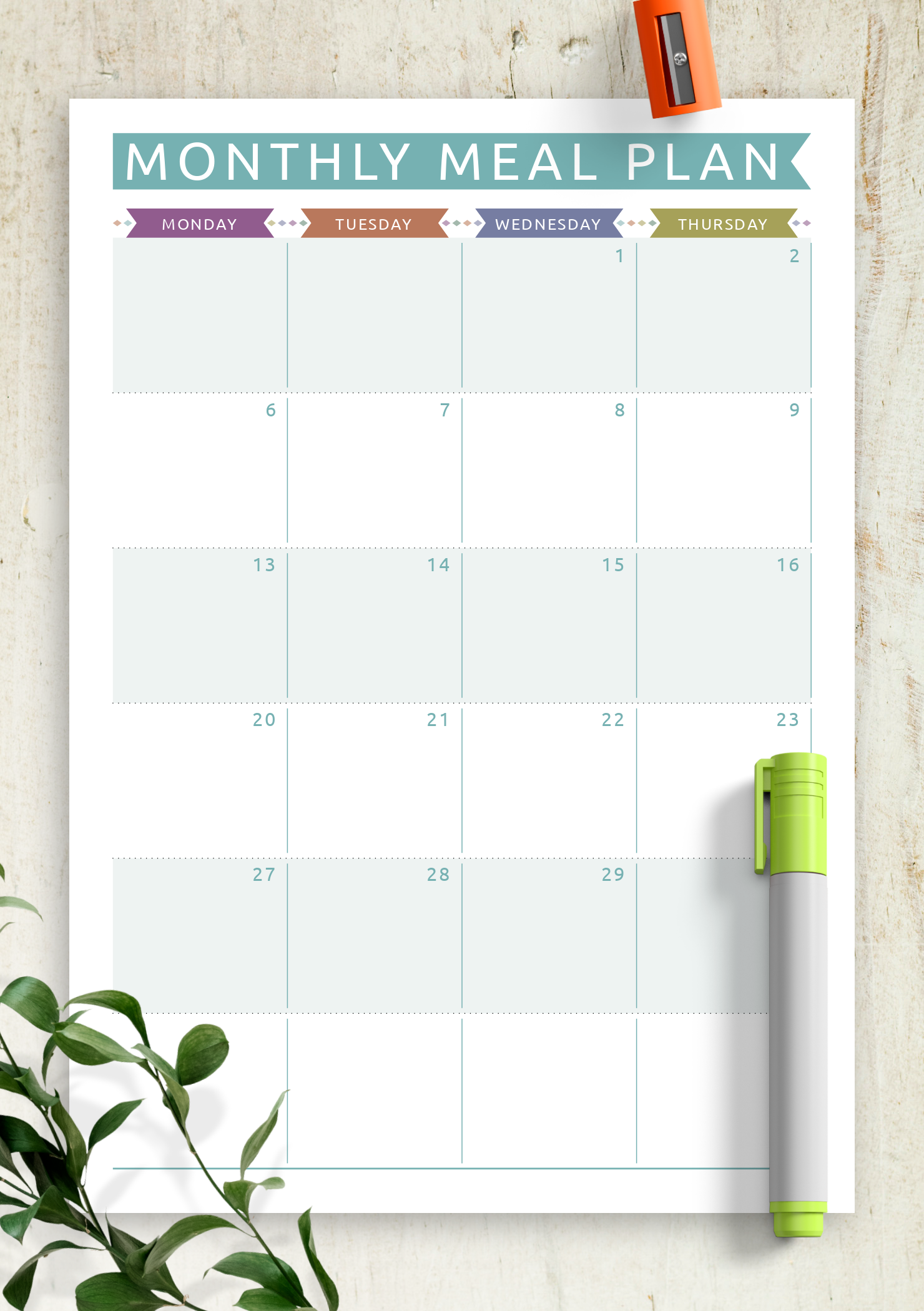 Download Printable Monthly Meal Plan Casual Style PDF