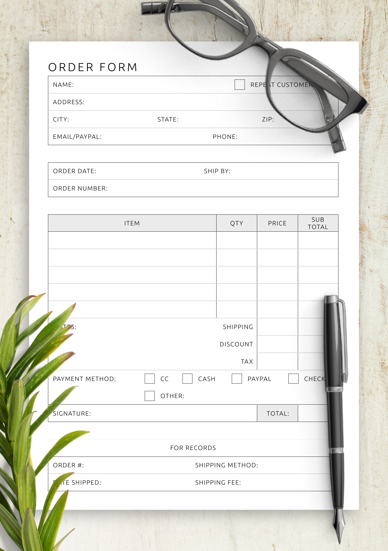 Download Printable Order Form Template PDF