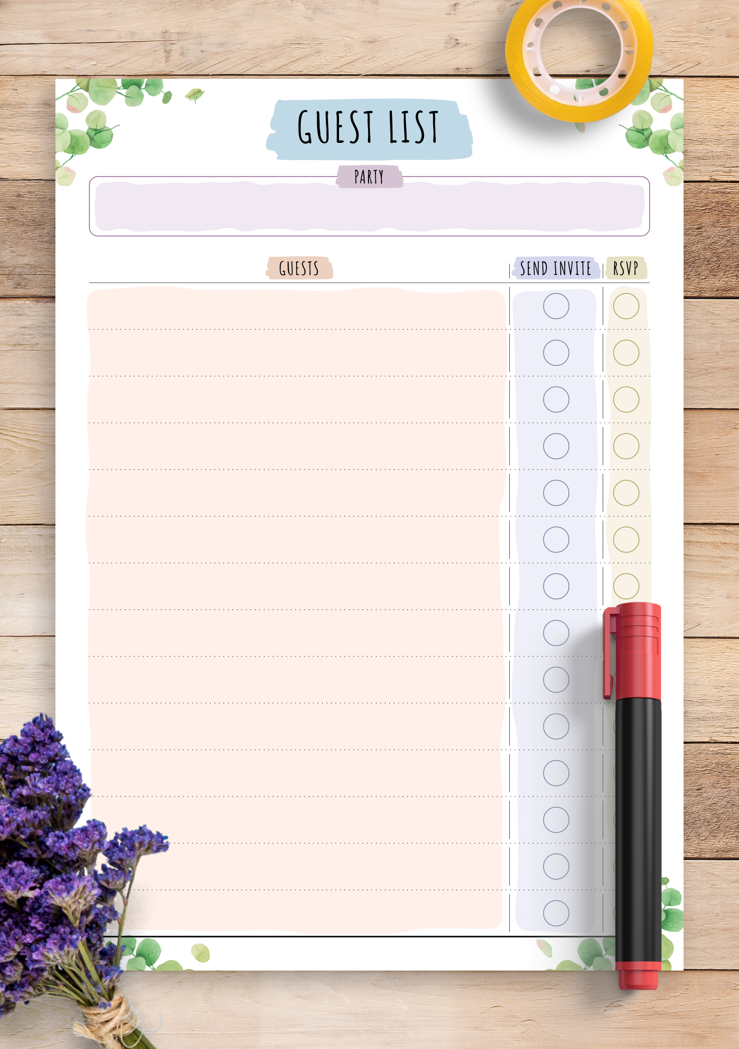 Download Printable Party Guest List Floral Style PDF