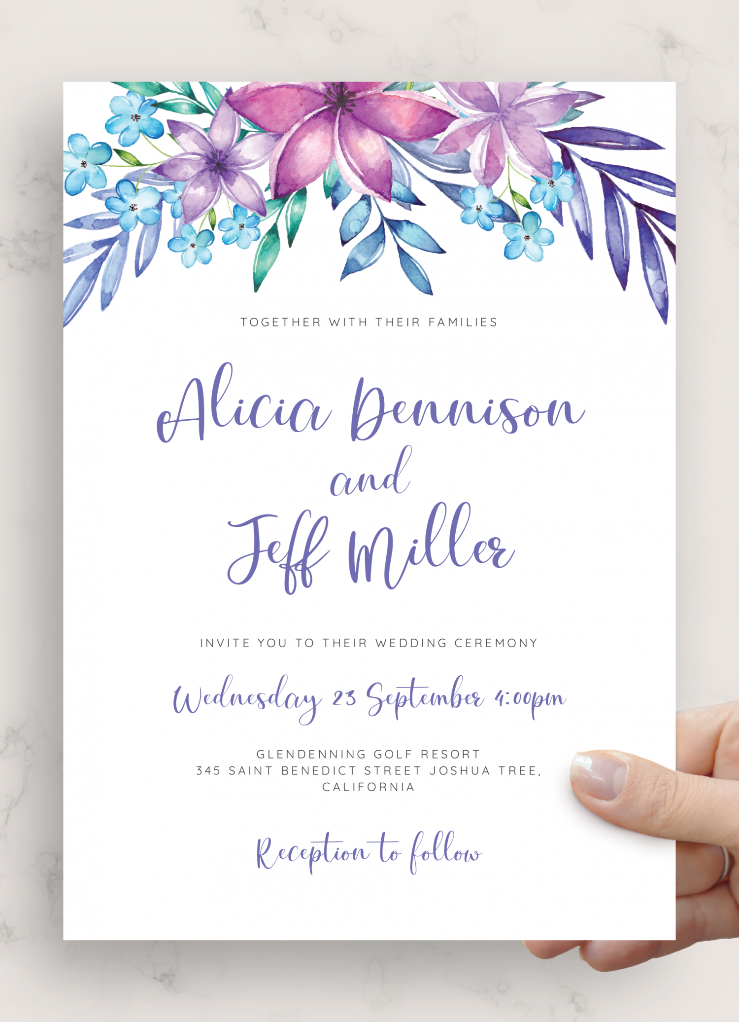 Download Printable Purple and Blue Wedding Invitation PDF