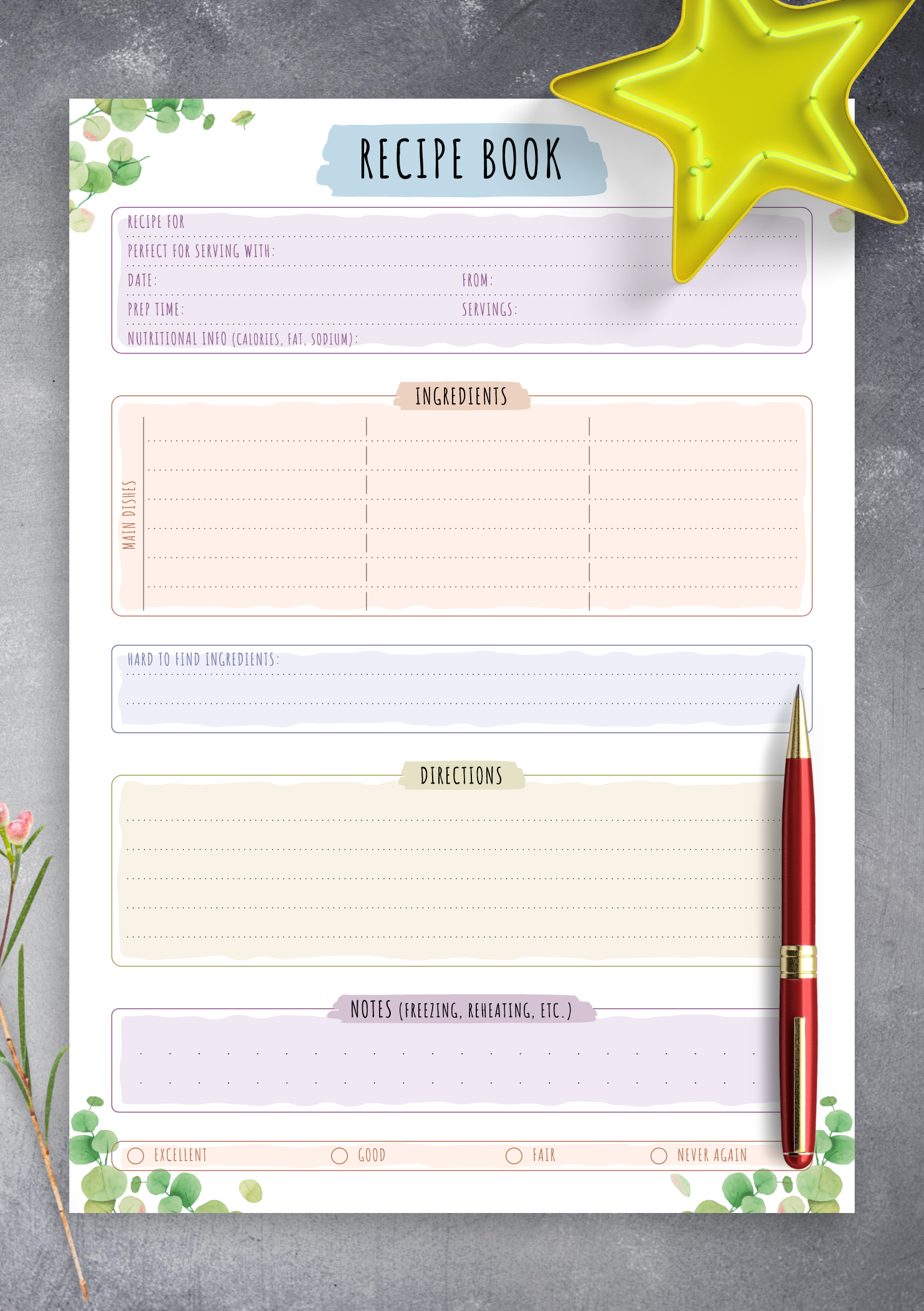 Blank Recipe Book Printable Flower Template, Blank Pages Sheet