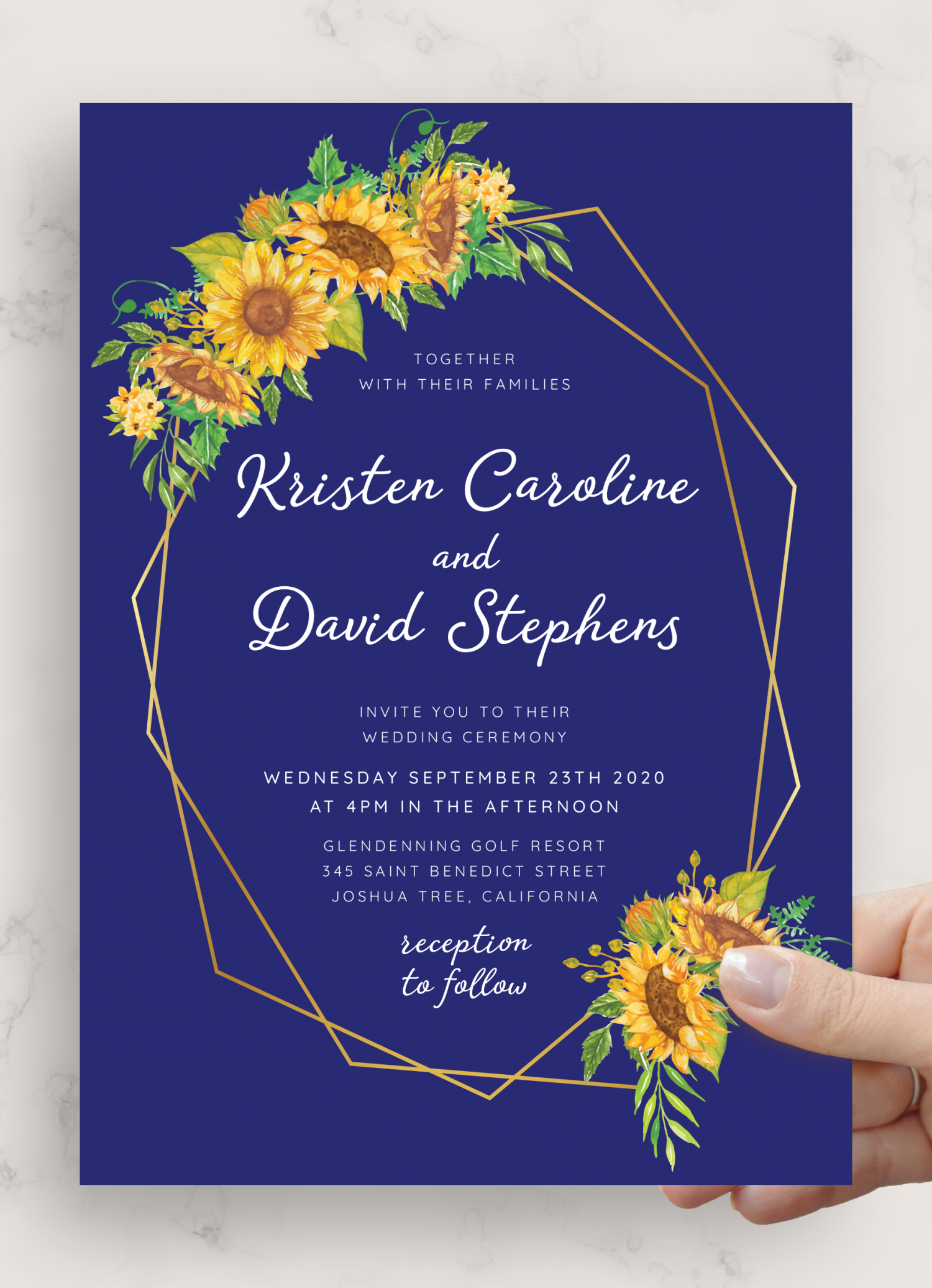 Download Printable Royal Blue Sunflower Wedding Invitation PDF
