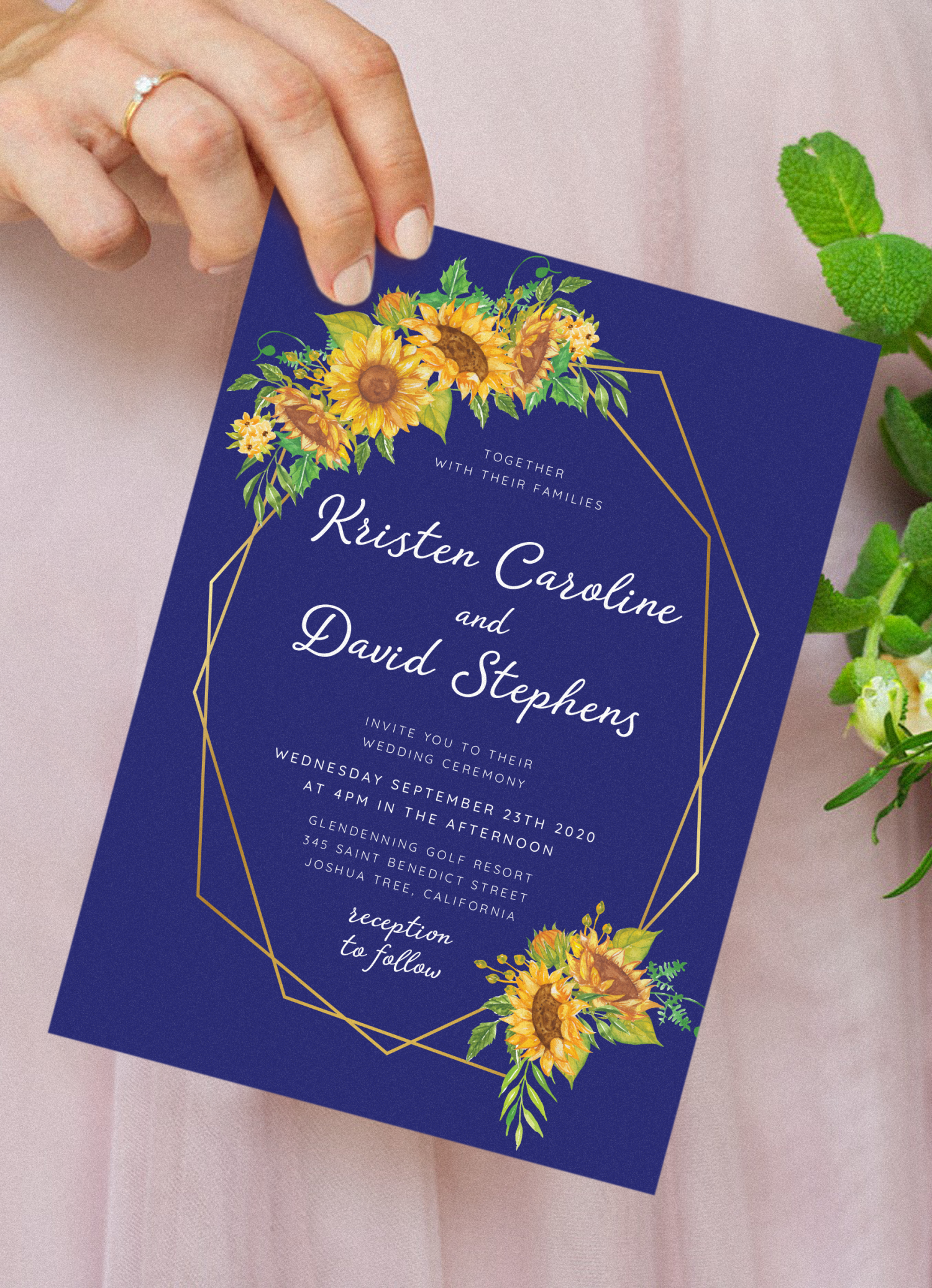Download Printable Royal Blue Sunflower Wedding Invitation PDF