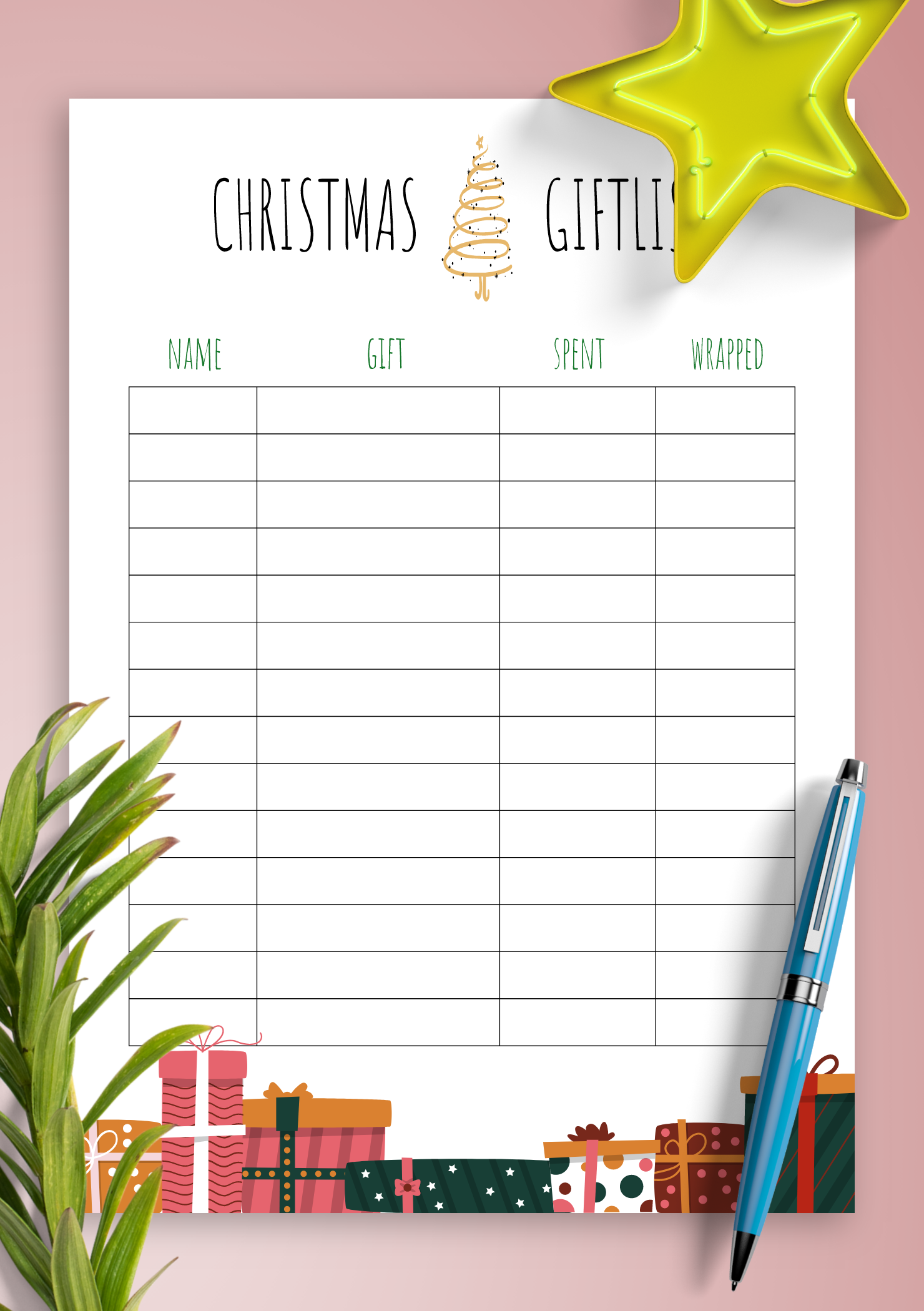 Christmas Gift List Printable Fillable Editable PDF 