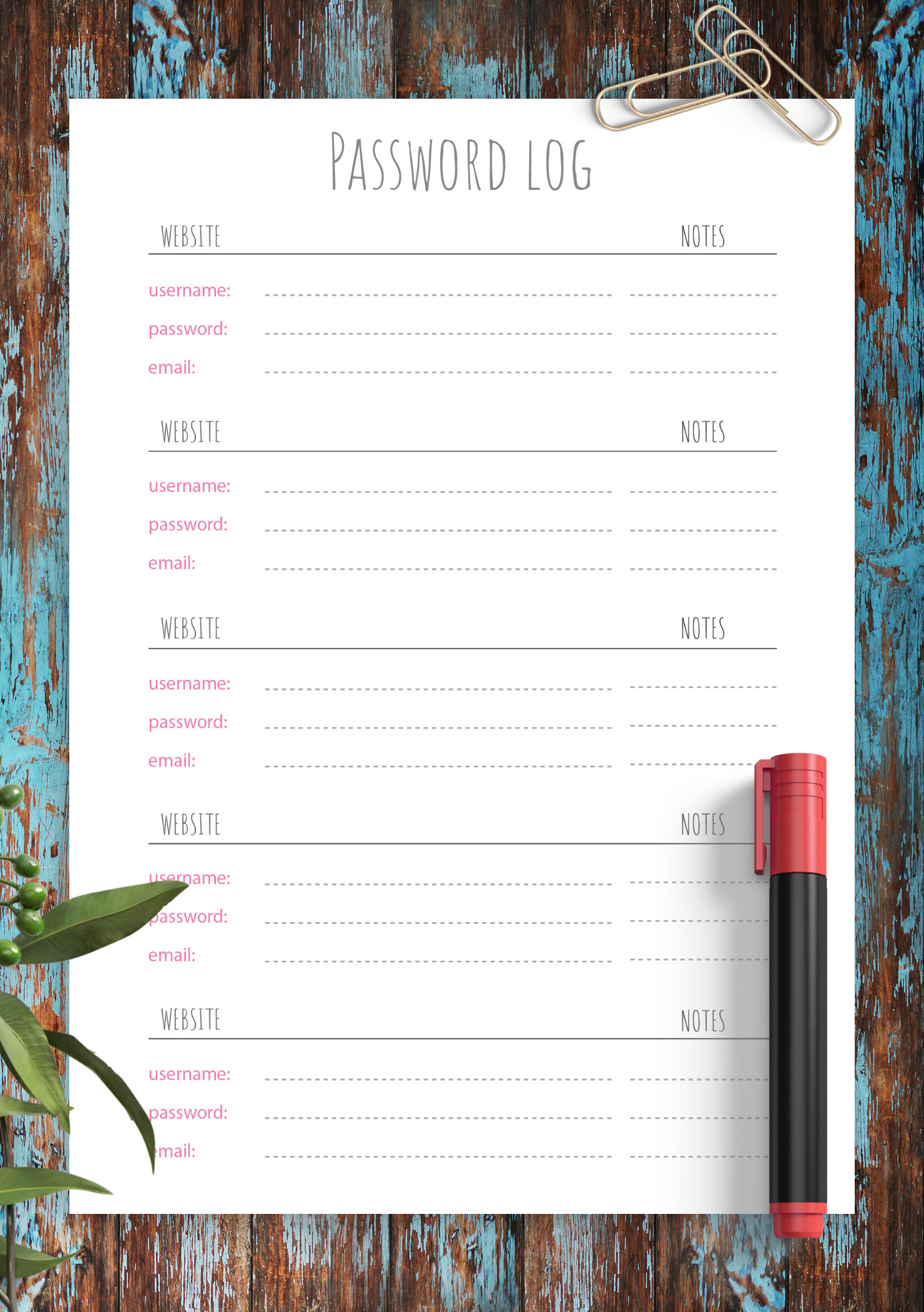 Download Printable Simple Gray and Pink Font Password Log ...