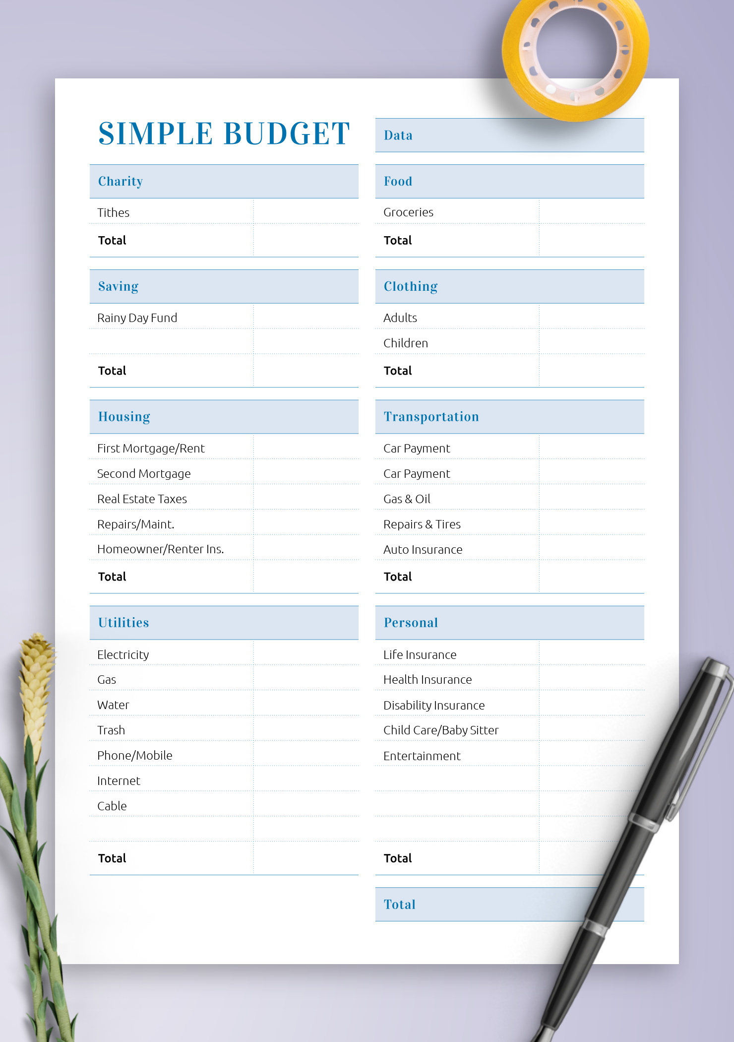 Personal Budget Template Printable