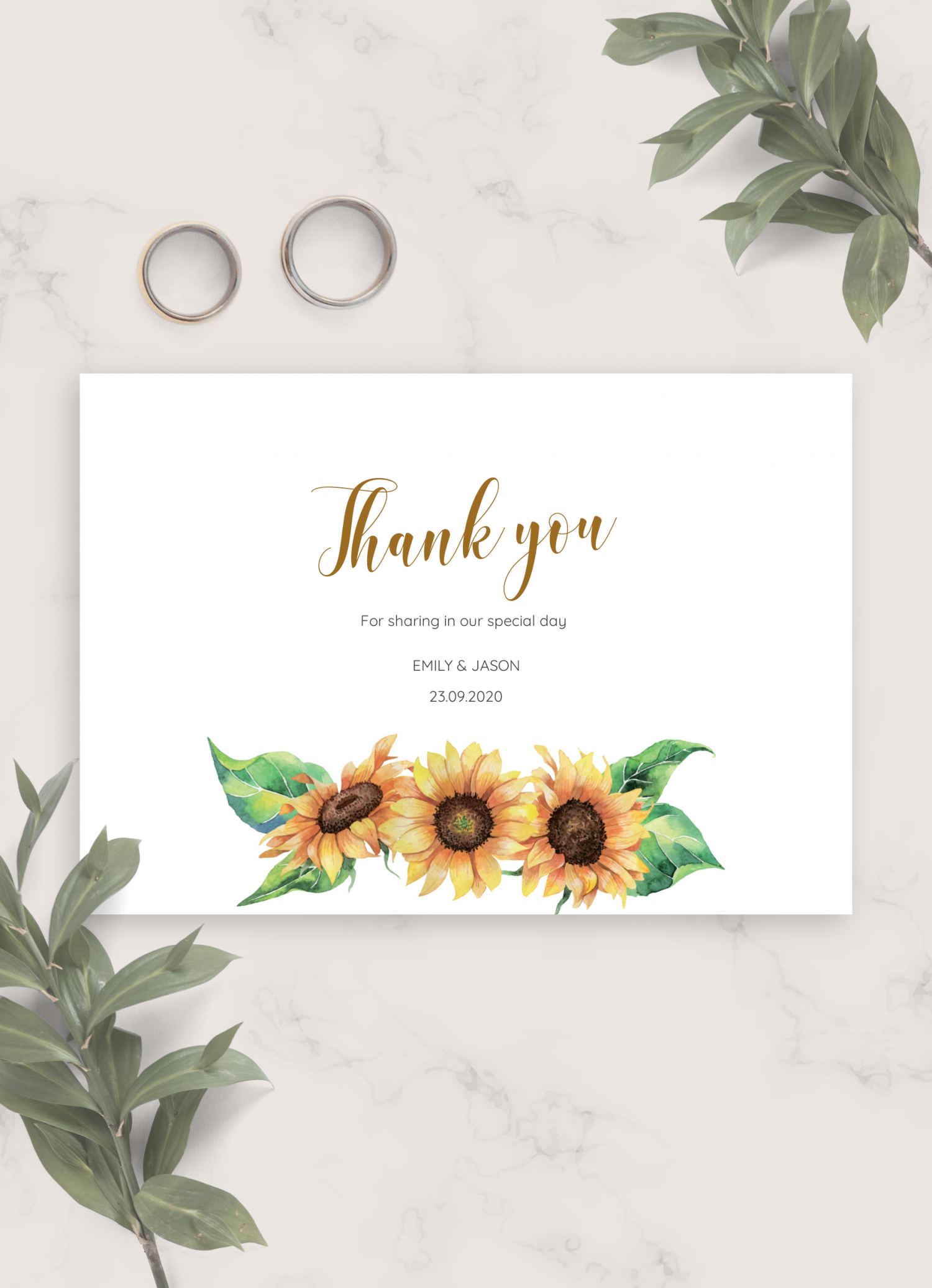 Vintage Sunflower Formal Personalized Wedding Thank You Cards 