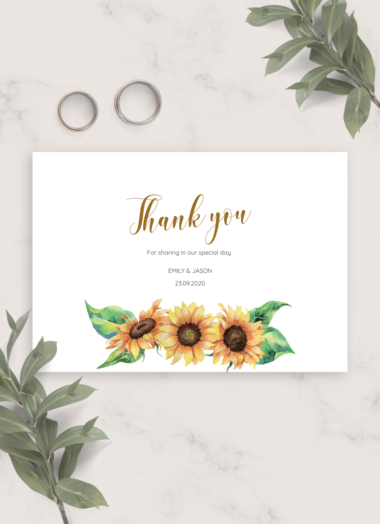Download Printable Simple Sunflower Wedding Thank You Card PDF