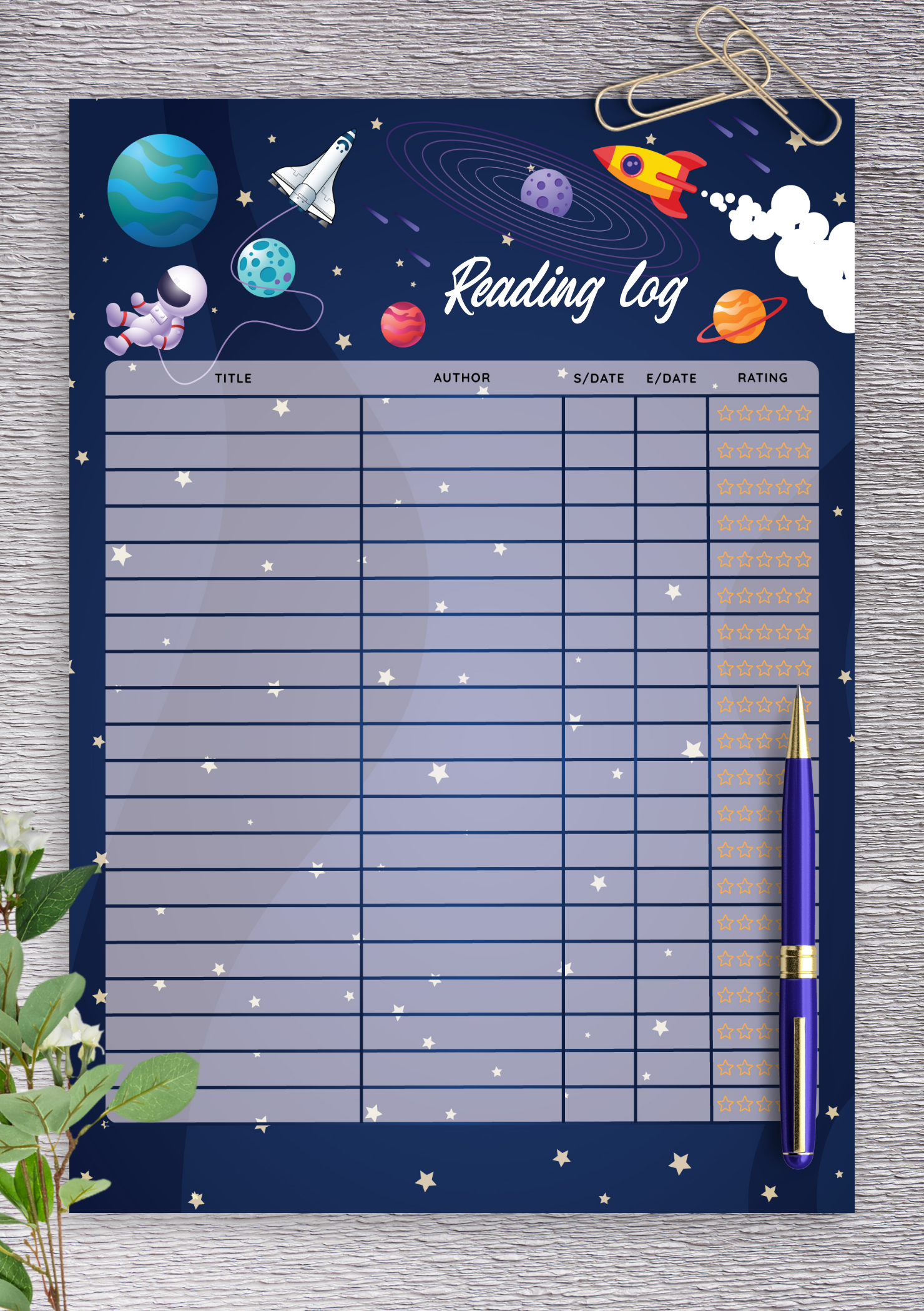Download Printable Space Reading Log Template For Kids PDF