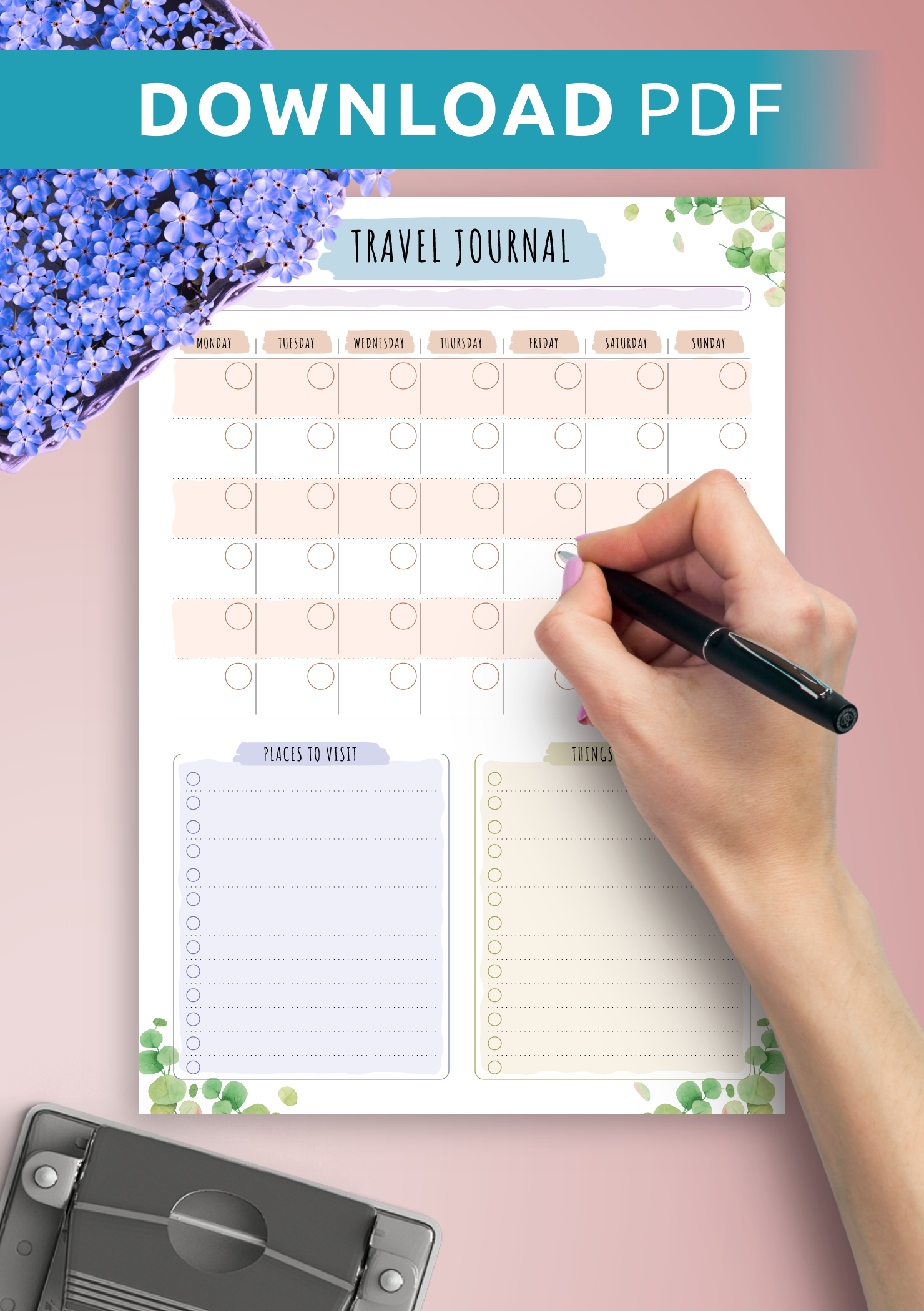 Download Printable Travel Journal Template Floral Style PDF