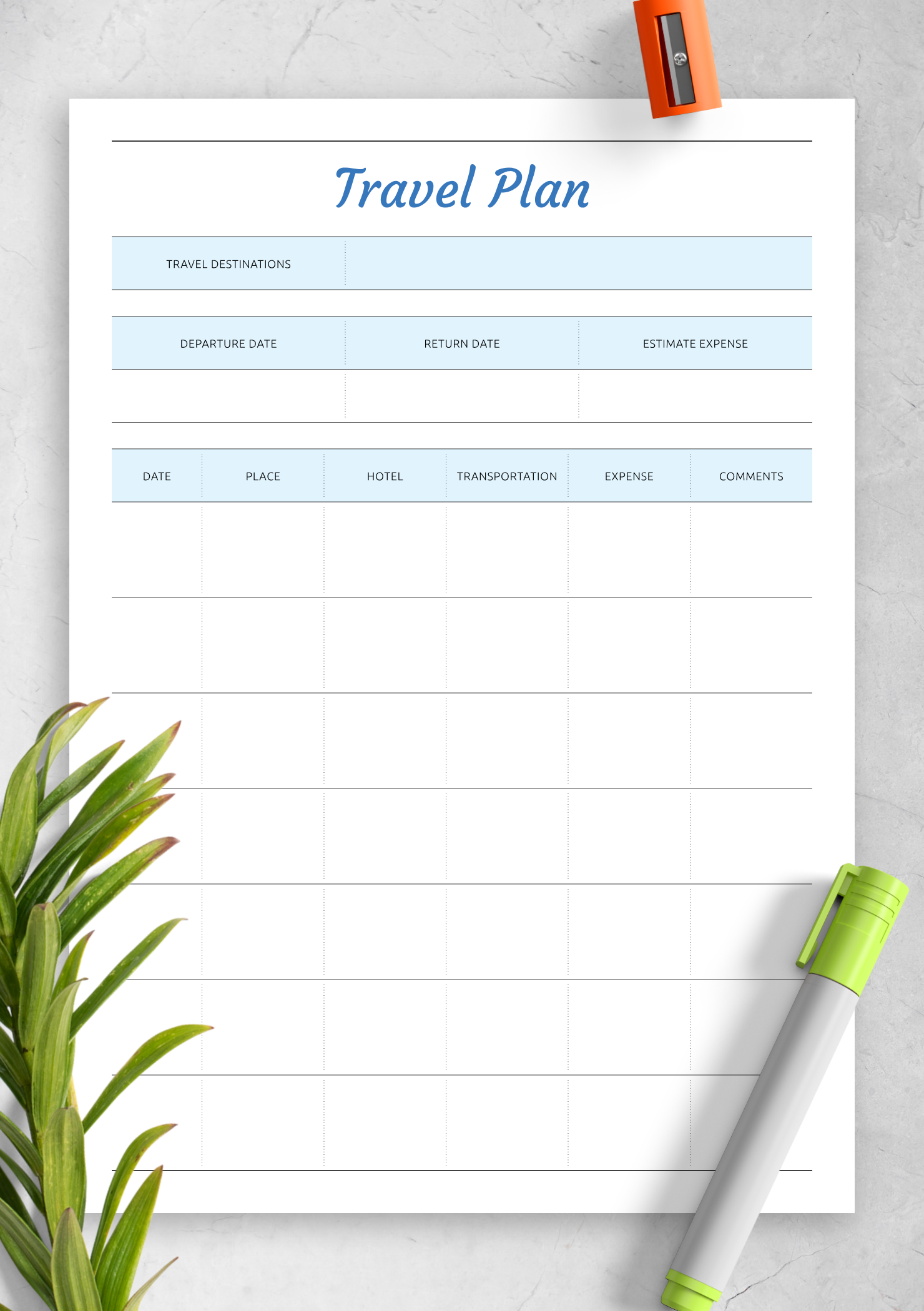 Download Printable Travel Plan Template PDF