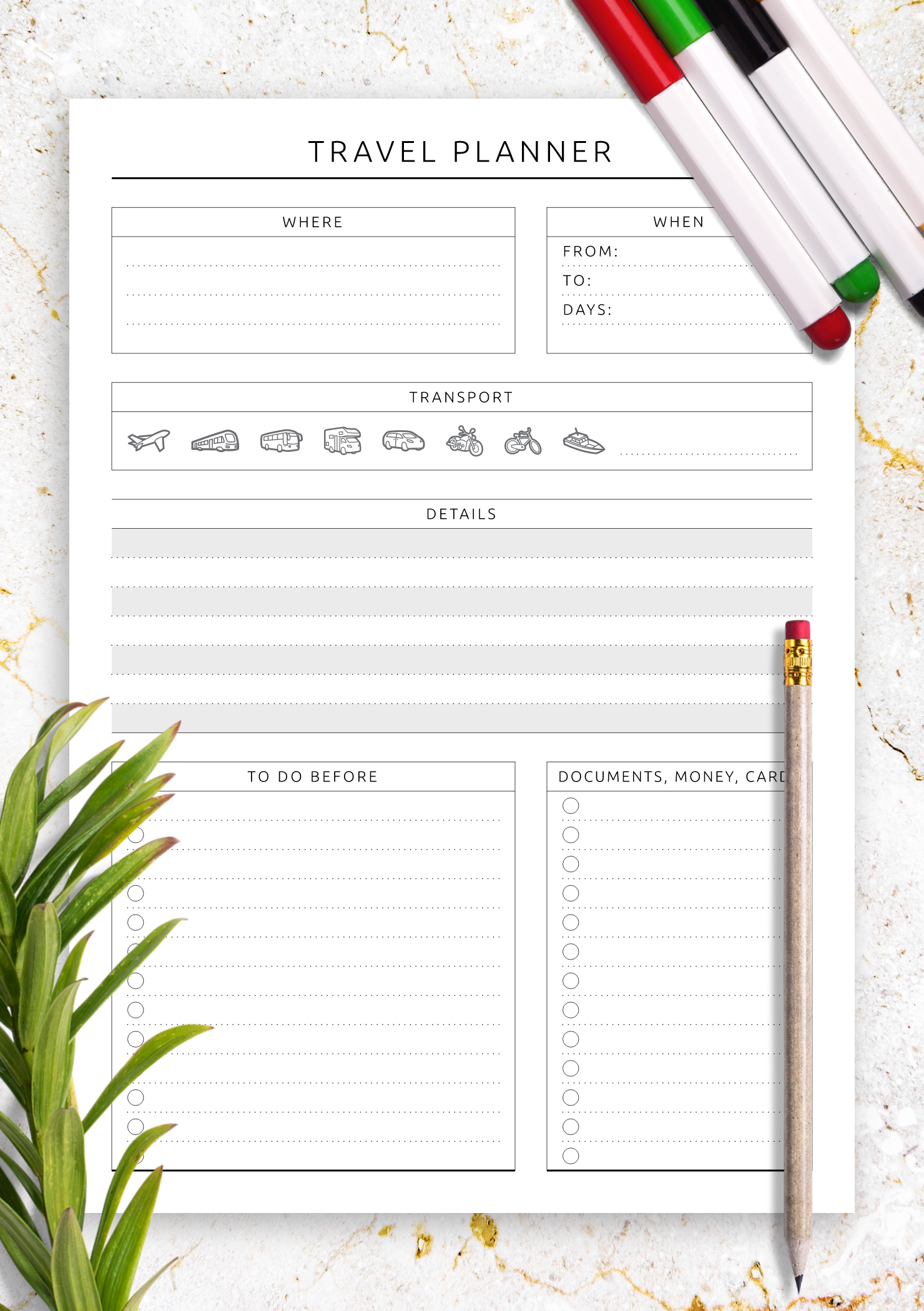 One page Daily Plan including places to see and eat Instant Digital Download Travel Planner Printable