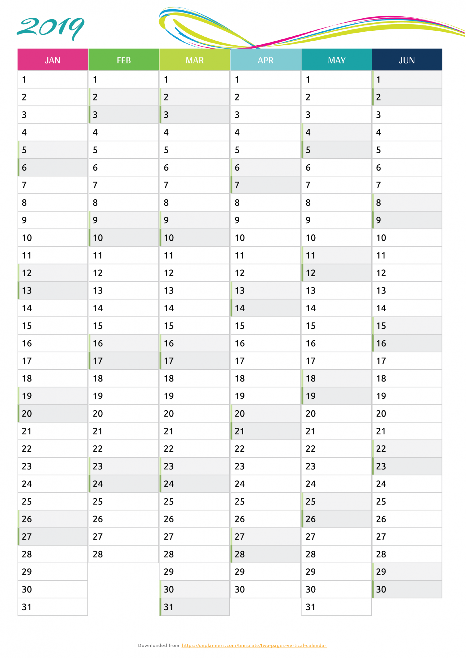 Free Printable Two pages vertical calendar PDF Download