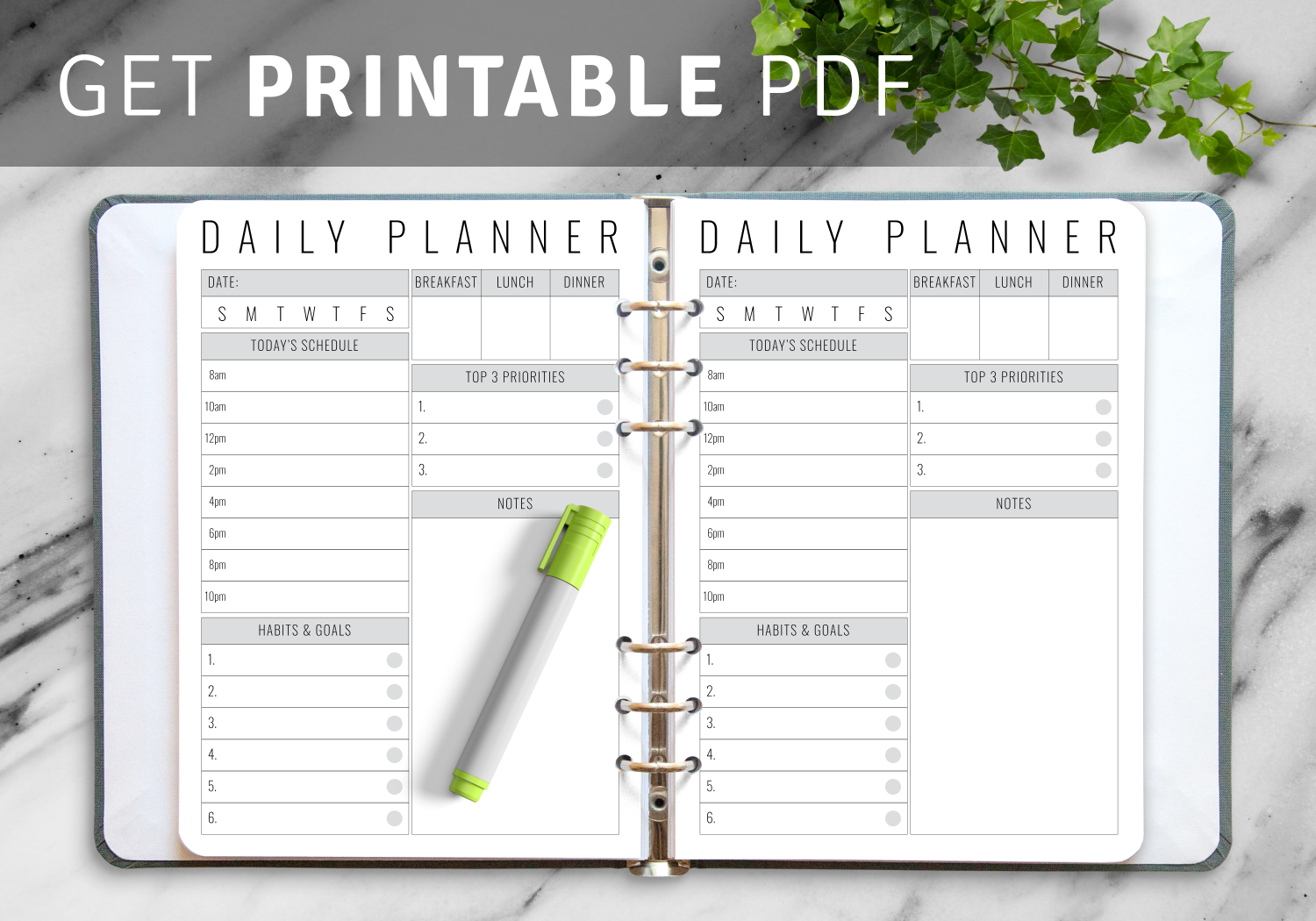 Download Printable Undated Daily Planner With Big Section For Notes PDF